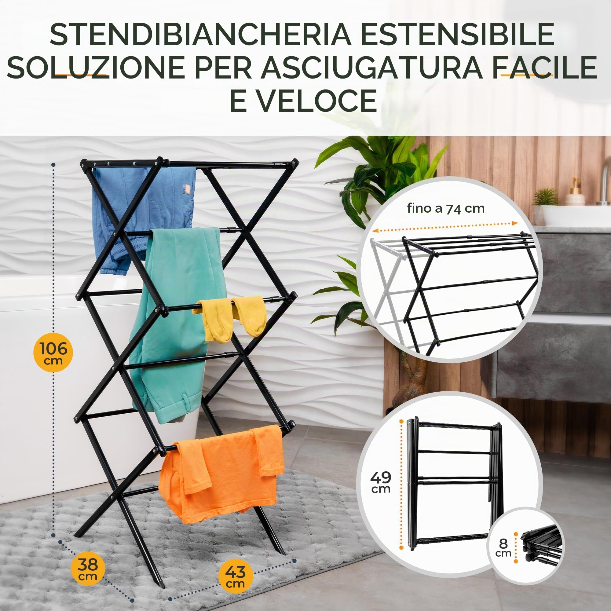 Stendibiancheria pieghevole salvaspazio, resistente e robusto, 6 livelli con 11 aste, torre pieghevole ed estensibile in grigio