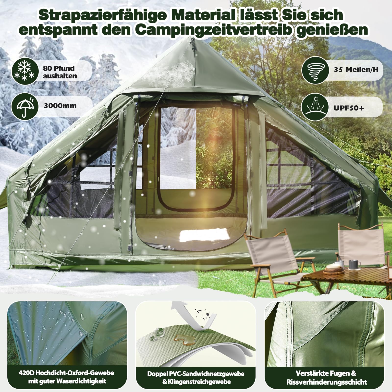 Aufblasbares Campingzelt mit Pumpe, 420D Oxford Glamping Aufblasbares Zelt für Camping, Wasserdicht bis 3000MM, 4 Saison Winddicht Kabinenzelt mit Mesh