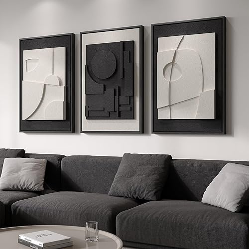 Large 3D Textured Framed Black and White Abstract Wall Art
