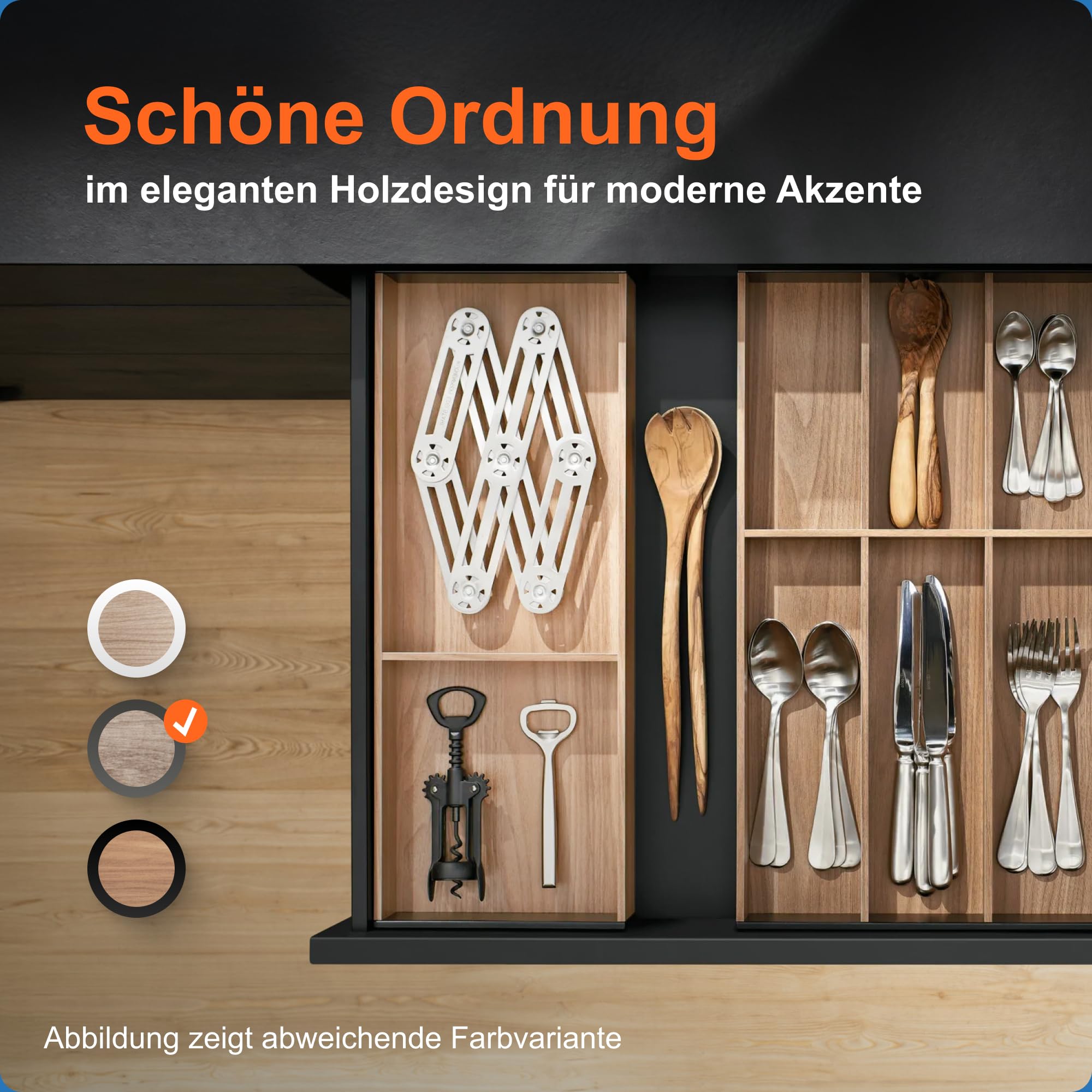 Blum AMBIA-LINE Schubladen-Organizer Holzdekor 42×20×5 cm | Nebraska Eiche | Antirutsch-Füße – sicherer Halt ohne Kleben | Besteckeinsatz & Trenner aus Holzdekor | Für Küche, Bad & Kleiderschrank