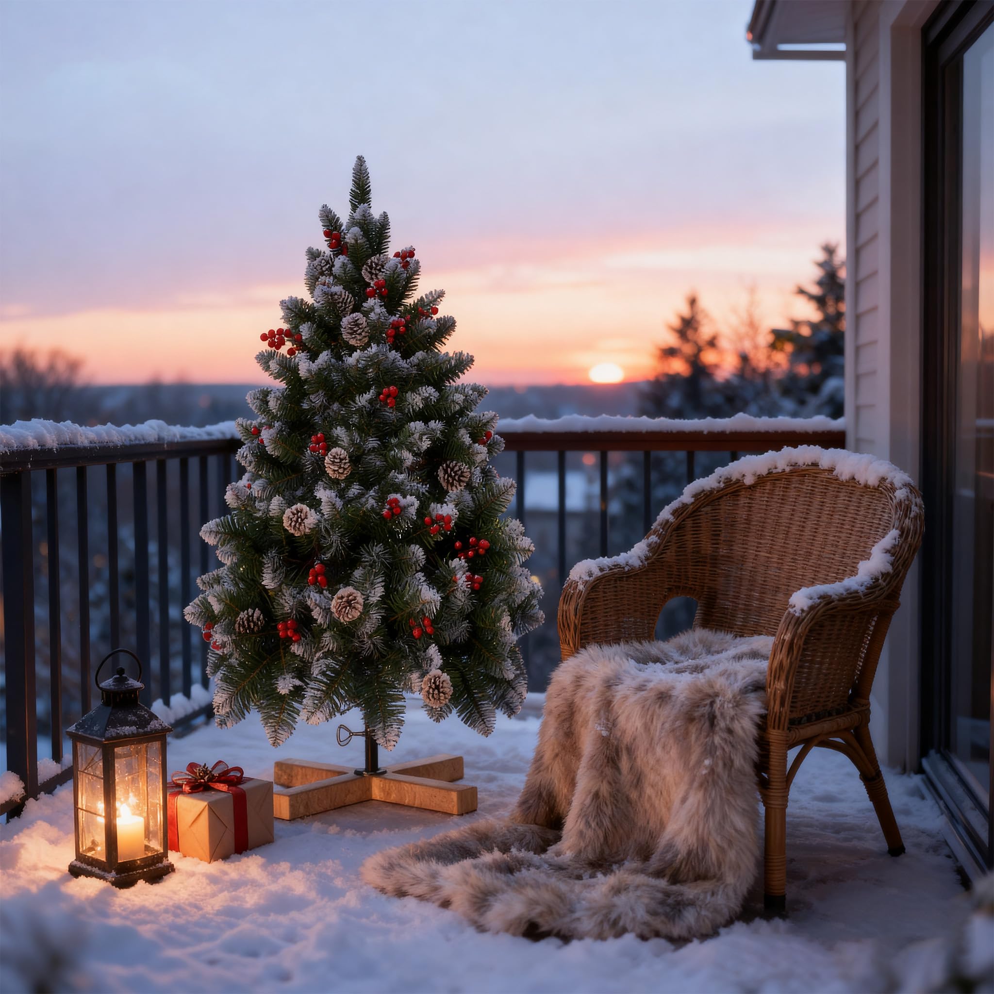 LILIIN Albero di Natale artificiale da 150 cm, effetto neve con pigne e bacche rosse, in PVC, con supporto, Ø 95 cm, albero di Natale infiammabile, per decorazioni natalizie