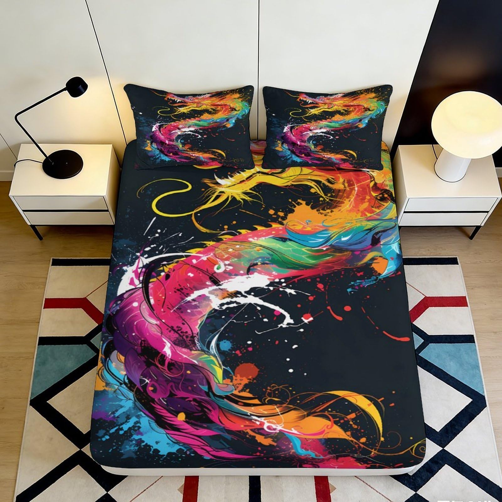 3D Printed Colorful Dragon Fitted Sheet Microfiber Soft Vibrant Swirl Mattress Cover for Bedroom Guest Room Decor 90x200x25cm