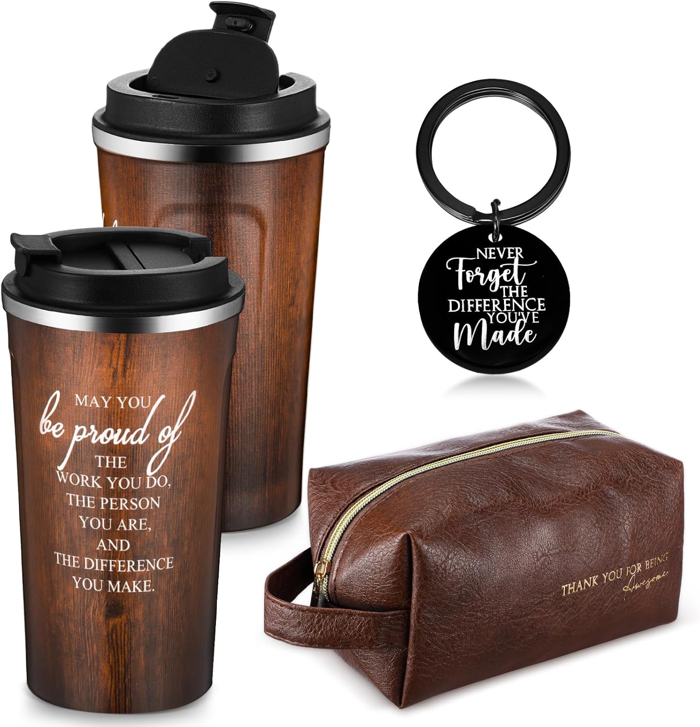 Roshtia Thank You Gift for Men Dad 20oz Stainless Steel Tumbler with Lid Straw Leather Toiletry Bag Inspirational Keychain Team Gift for Employee Teacher Staff(Wood Grain)