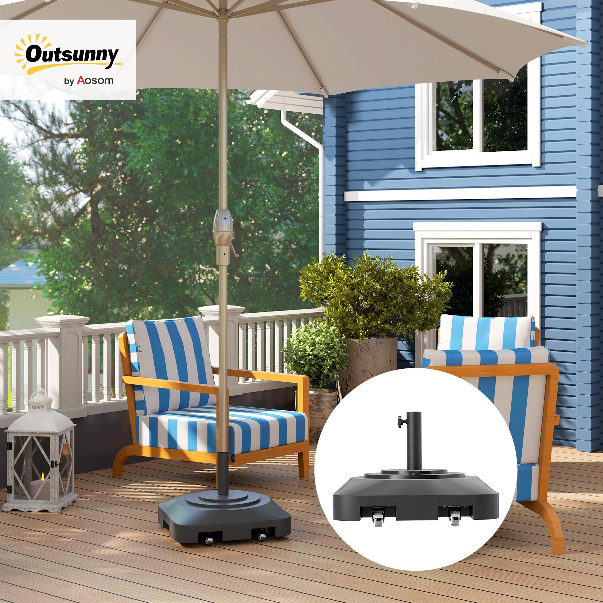 Outsunny Base per Ombrellone a Rotelle con 2 Freni, Basamento per Ombrellone in HDPE con Acqua 19kg e Sabbia a 25 kg, per Pali di Ombrelloni da Ø38/48 mm, 48x48x32.5 cm, Nero