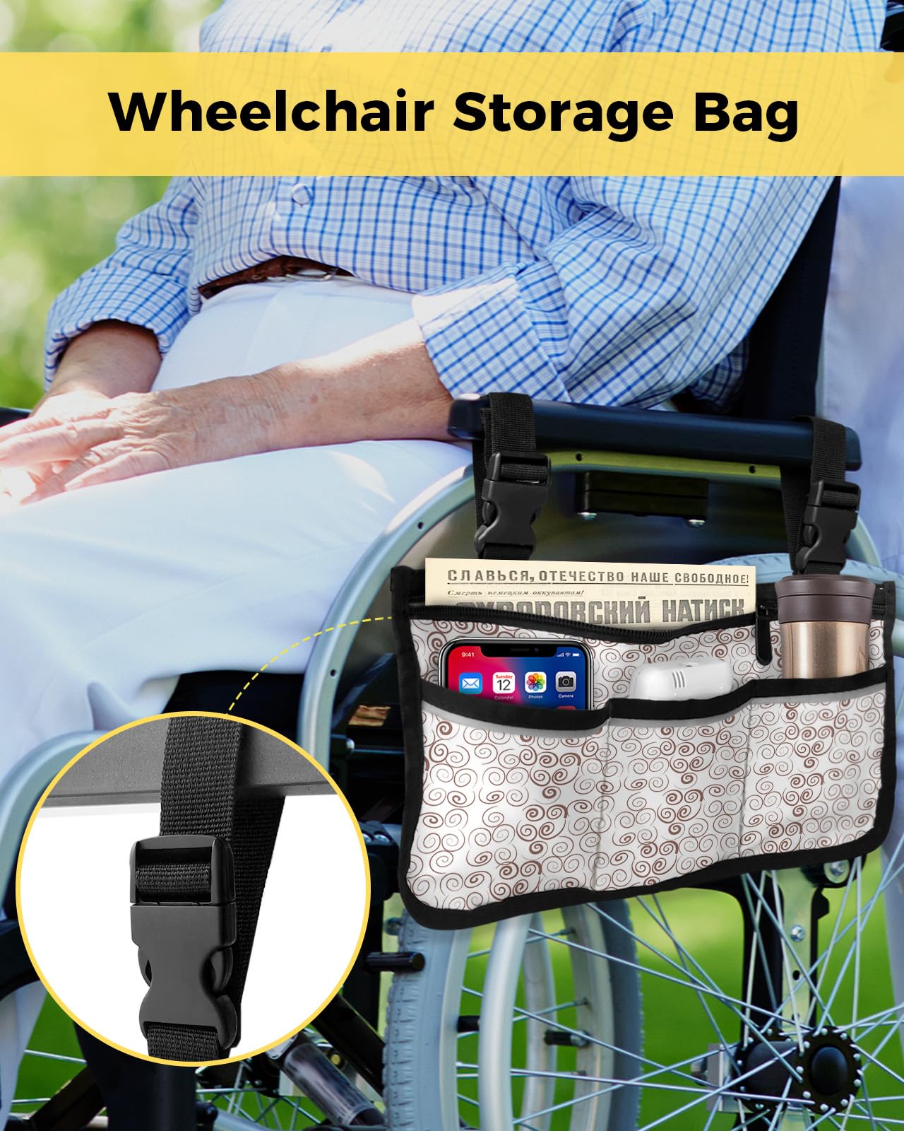 Hand Drawn Circle Wheelchair Side Bag Walker Bag, Simple Line Art Wheelchair Accessories Armrest Pouch, Organizer Storage Bag for Walkers, Rollators, Scooters, 7.3''x13''