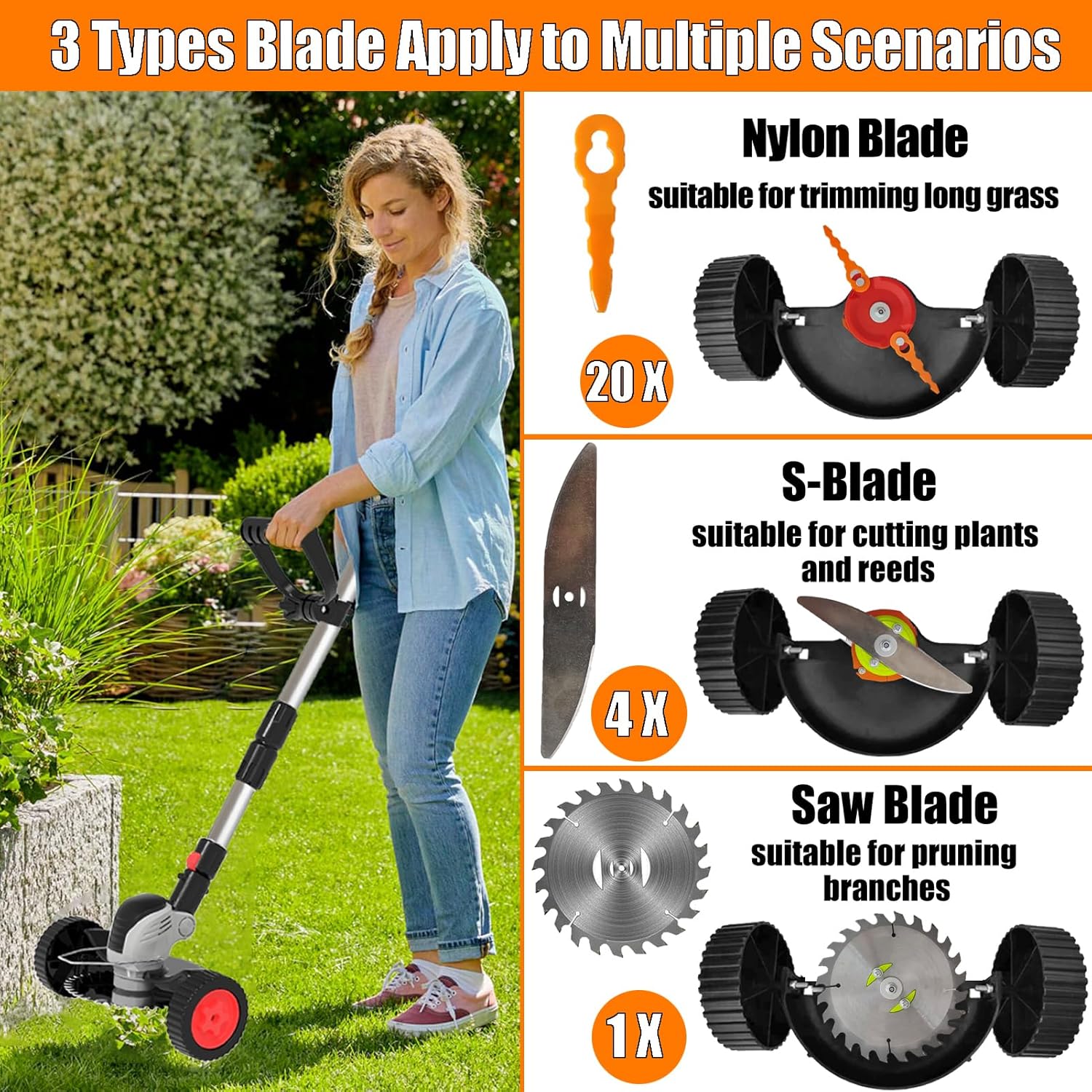 Electric Weed Wacker Cordless Eater Battery Powered Eater Lightweight Edger Portable Stringless Grass Trimmer/Lawn Mower/Brush Cutter, with 3 Types Blades & Wheels for Yard and Garden-Grey - Image 2