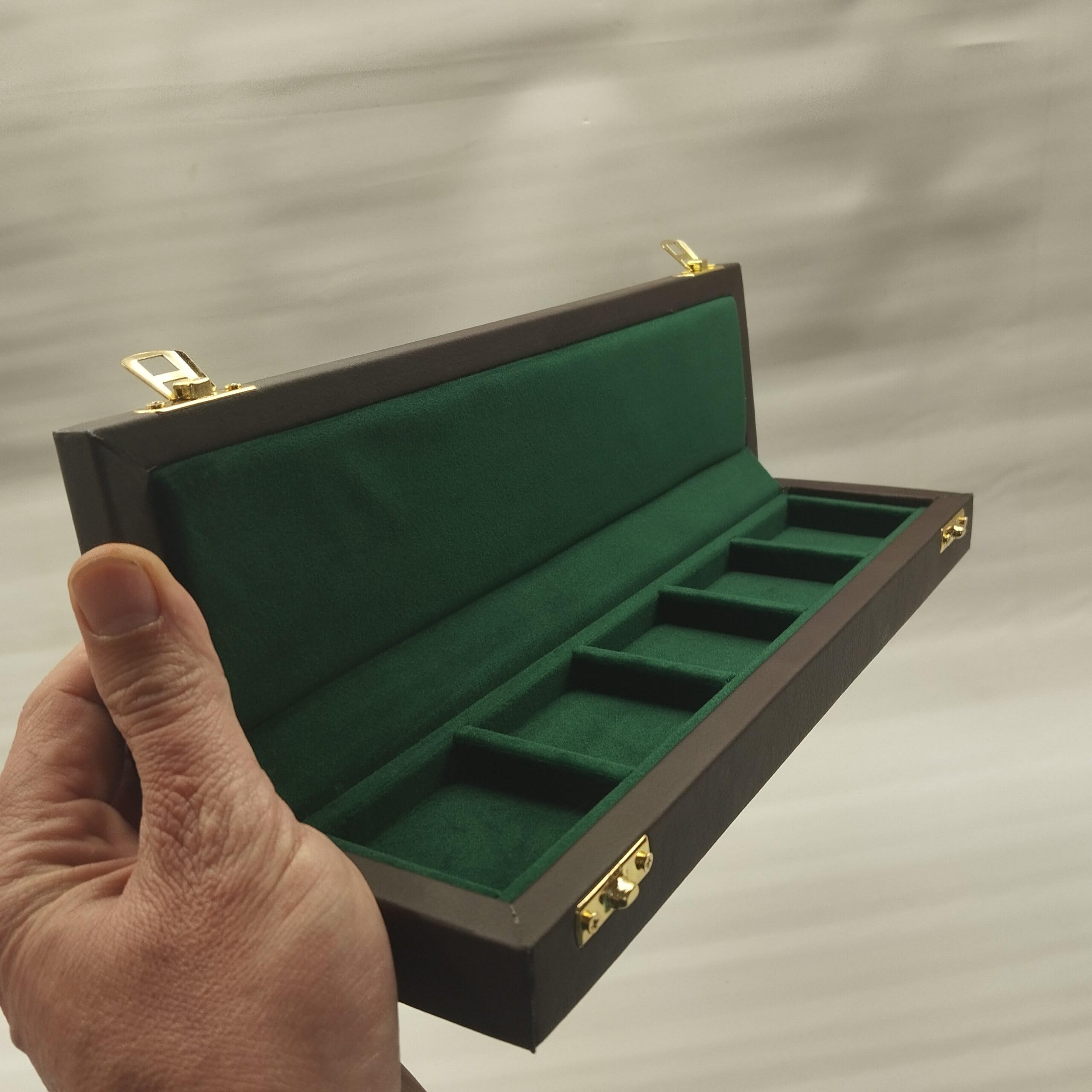 Caja para Monedas de colección 5 Compartimentos 47x47 mm Madera Artesanal Piel martillada y Terciopelo Interior – numismática Hecha a Mano