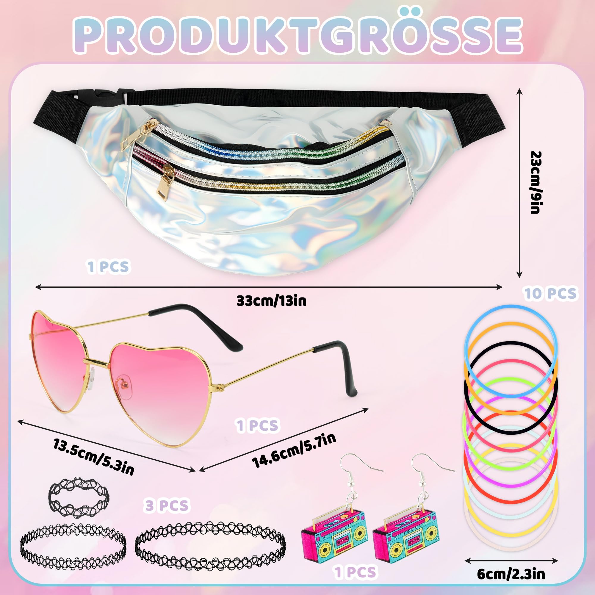 Ensemble d'accessoires des années 90 pour femme - 17 pièces - Costume de festival Malle avec sac banane argenté - Boucles d'oreilles Walkman - Lunettes en forme de cœur - Chaîne de tatouage