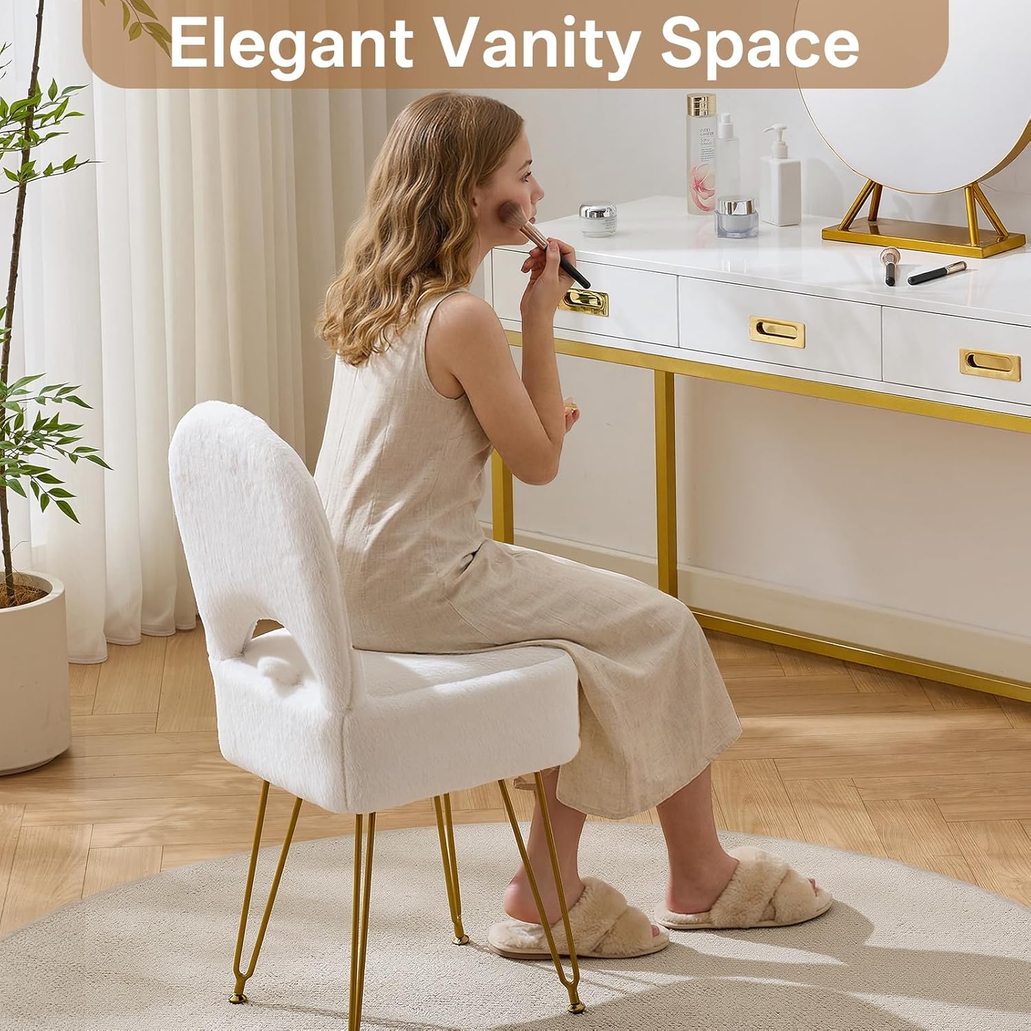 Gitrah White Vanity Chair with Storage, Folding Back Faux Fur Vanity Stool, Makeup Ottoman with Gold Legs for Bedroom/Bathroom