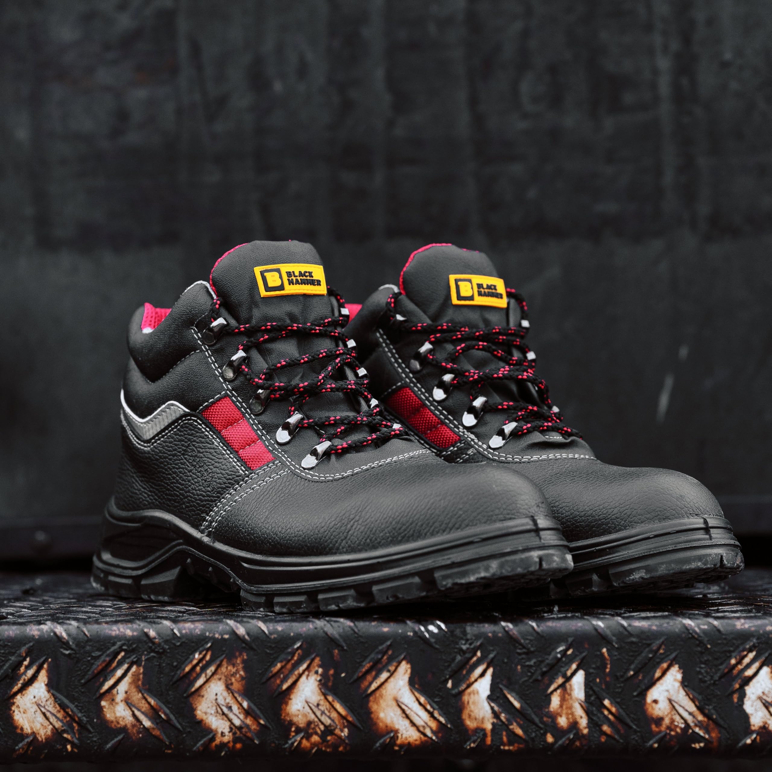 BLACK HAMMER Bottes de sécurité en cuir noir pour homme S3 SRC Embout en acier Bottines de travail 5993