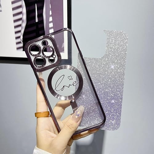 Miniatura 3 de aowner Funda magnética para iPhone 15 Pro Max compatible con MagSafe, funda transparente con diseño de corazón de amor de lujo, protección de