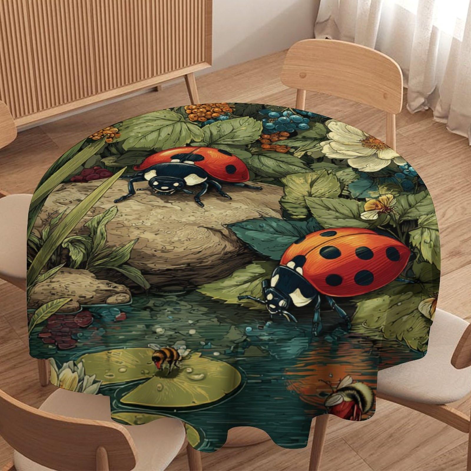LUYYSKY Funny Abstract Cute Ladybug Round Tablecloth Classic Oil Painting Spring Garden Botanical Daisies Floral Washable Decor for Table Cover for Kitchen-177.8" Wx177.8 L cm