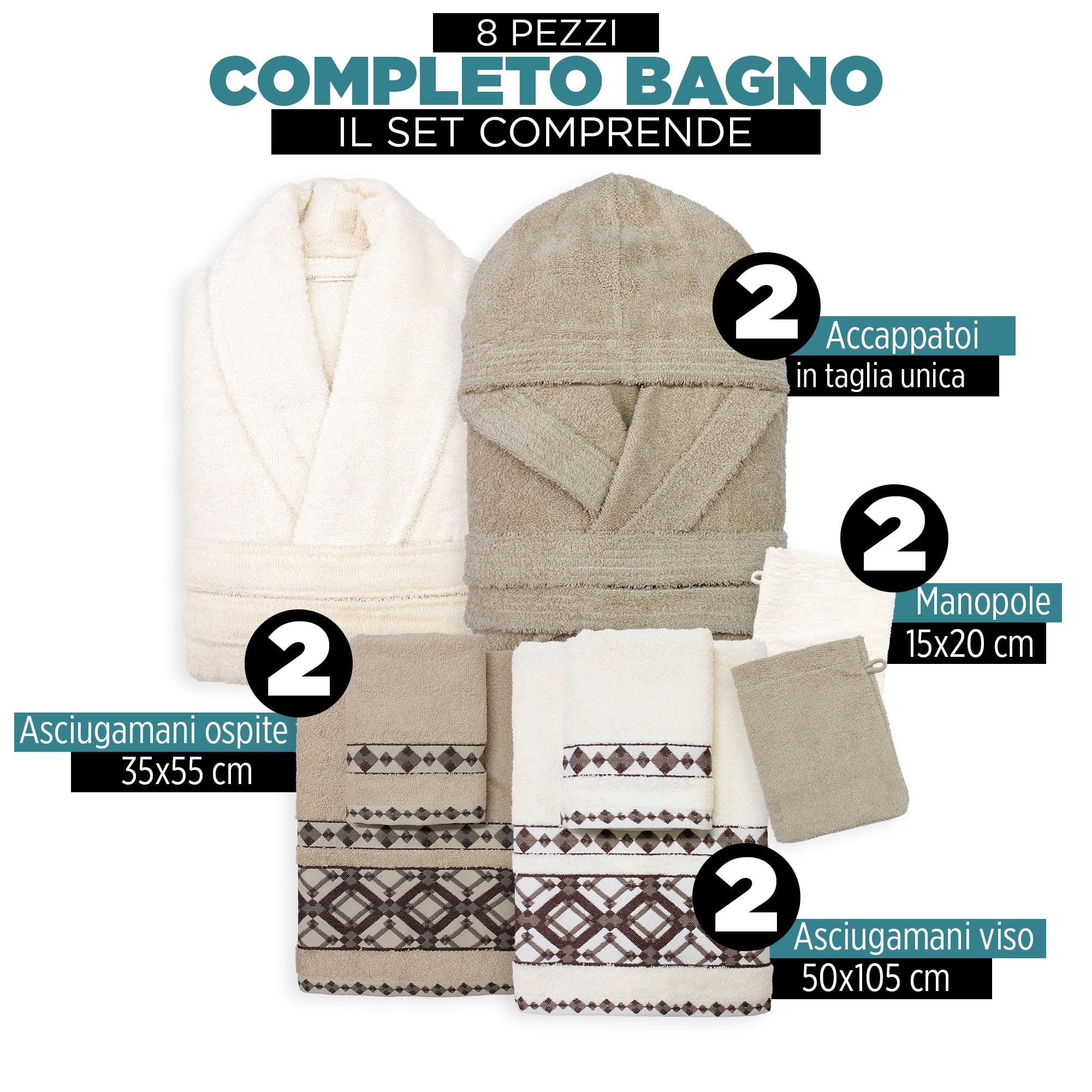 Completo bagno asciugamani accappatoi set uomo donna in spugna di cotone 6856