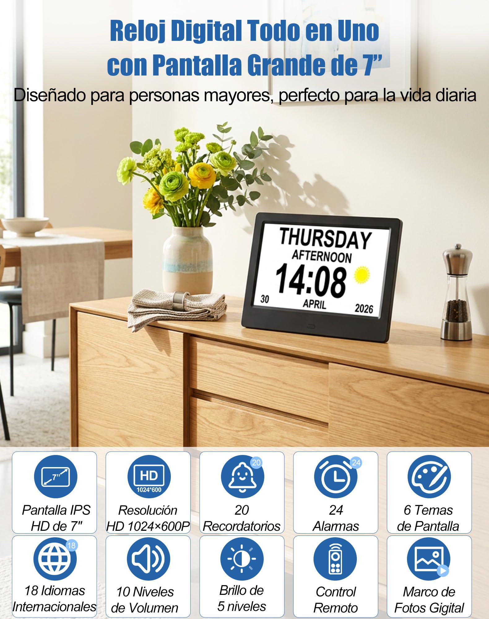 jely Reloj Digital para Personas Mayores 7'' Calendario Digital para Alzheimer y Pérdida de Memoria, 20 Recordatorios, 24 Alarmas, Marco de Fotos Digital, Control Remoto, Reloj de Pared y Mesa - Negro