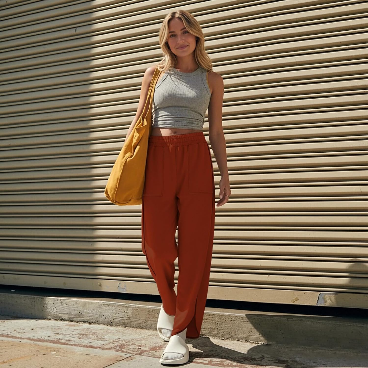 HGps8w Women's Wide Leg Sweatpants Elastic Waist Casual Pull on Palazzo Lounge Trousers Baggy Track Pants with Pockets