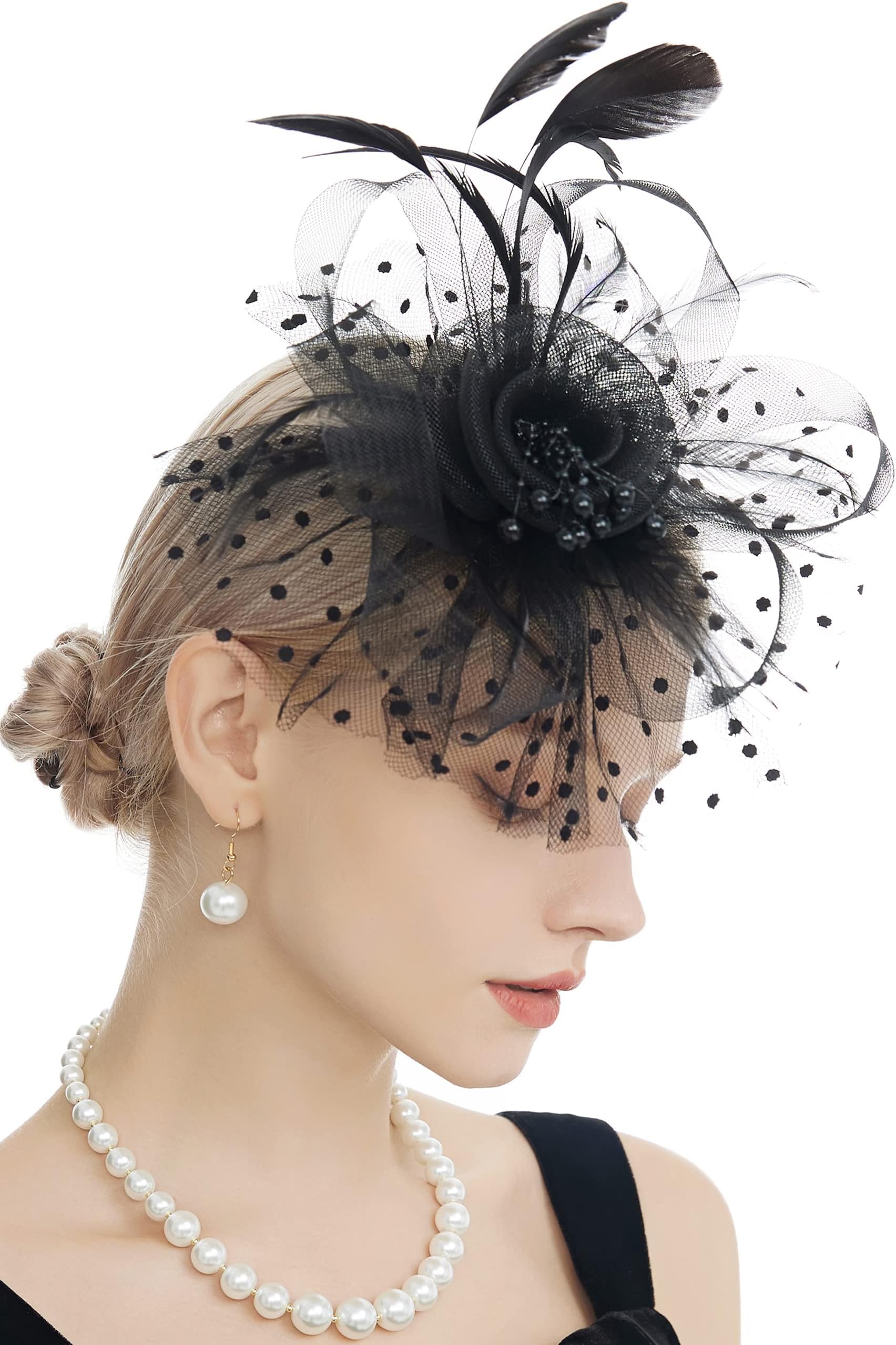 MyjoydayFascinator Hats for Women Tea Party Headband Kentucky Derby Wedding Veil Hats Cocktail Headwear (Black,Halloween)
