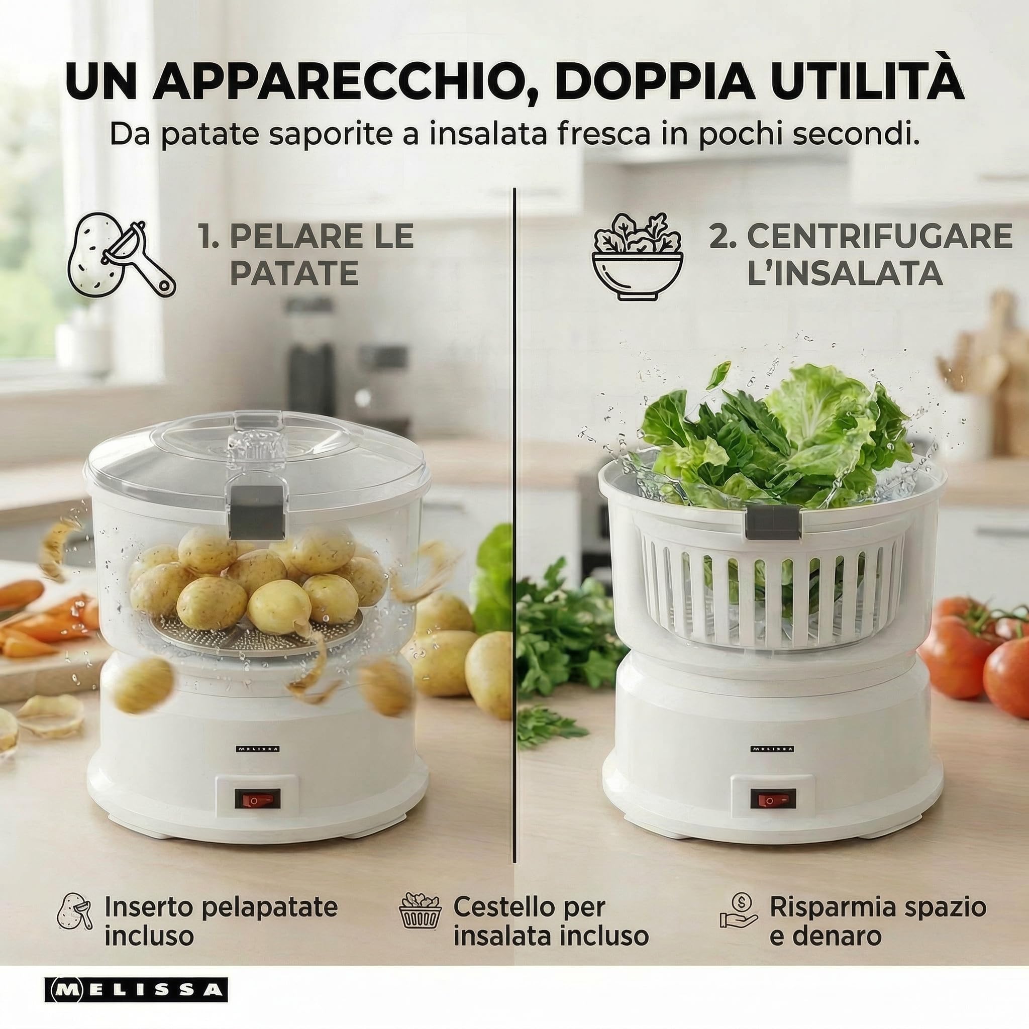 MELISSA 16220008 Pela Patate Elettrico, Pelatore Elettrico - capacità 1 kg, con centrifuga per insalata, 85 Watt, colore - Bianco | Pelapatate con centrifuga per insalata e verdure, capacità 1 kg, 85 Watt, bianco