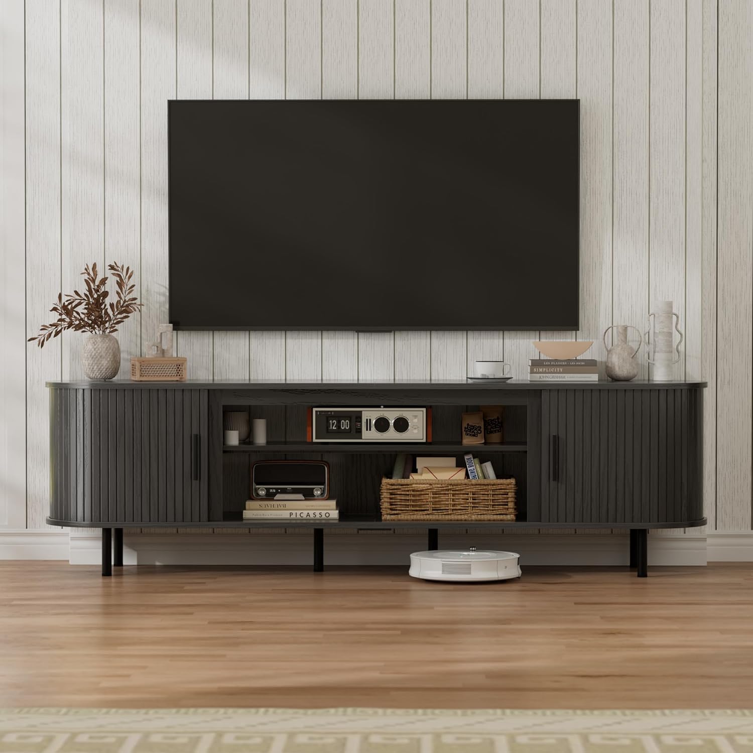 EAG 80" Fluted TV Stand for TVs up to 90 Inch, Mid Century Modern Entertainment Center with Storage, Sliding Doors & Adjustable Shelves, Curved Wood Media TV Console for Living Room, Bedroom, Black