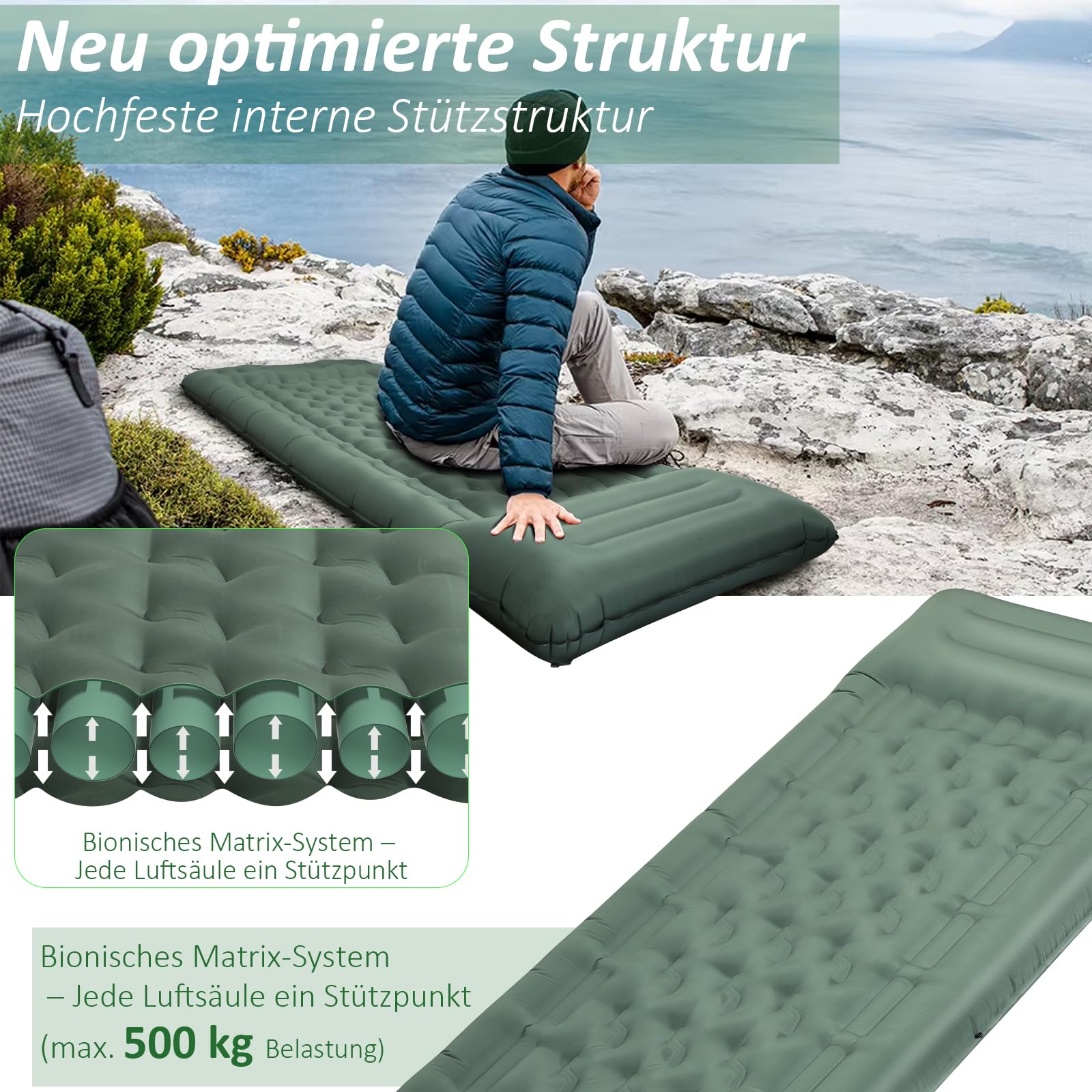 Camping Isomatte Selbstaufblasend 2025 Nue,12cm Verdickte Luftmatratze mit Verstärkter Luftsäulen-Struktur,Fußpumpe,16cm Kopfkissen,Reißfestes,Ultraleicht & Kompakt für Outdoor,Wandern,Strand