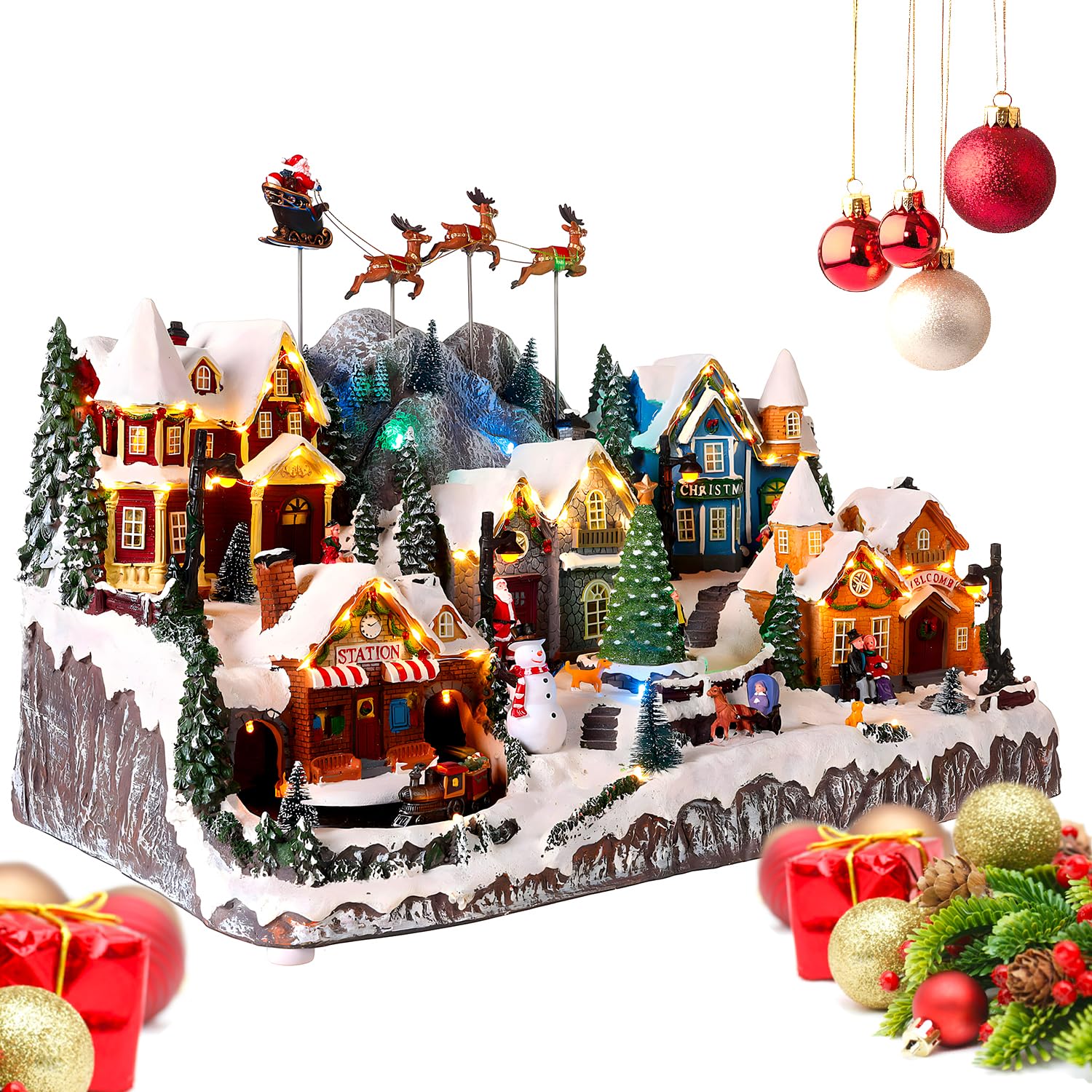 Wintem Pueblo navideño con iluminación LED y música, 37 x 55 x 33 cm – Decoración navideña en Movimiento Ideal para Decorar el hogar – Fabricado en Materiales Resistentes y Pintado a Mano