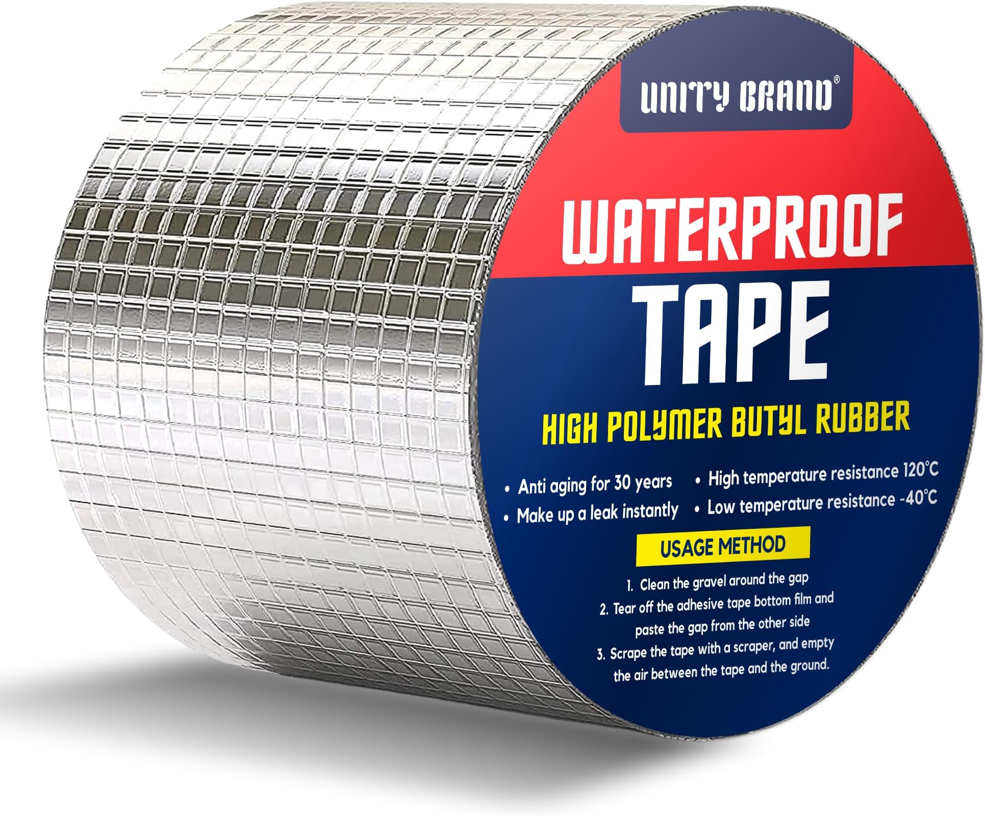 UB Unity Brand Super Strong Adhesive Waterproof tape Permanent Repair Roof Water Leakage Solution Rubber Foil Suitable for Roof Leak, surface Crack, Window Sill Gap, Boat Sealing, Tank Leak (10CM*5M)
