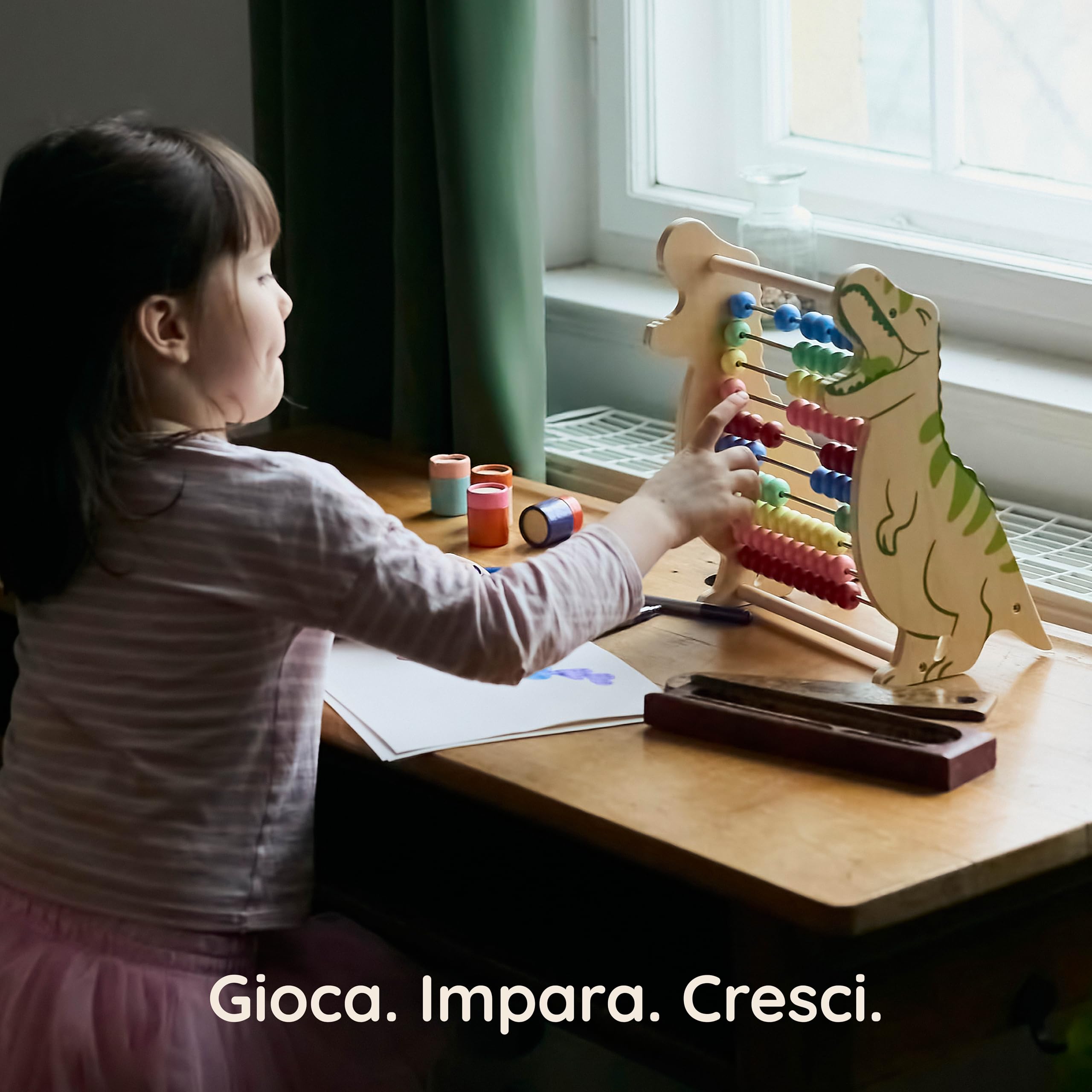 Twig & Leaf Abaco Montessori e Pallottoliere per Bambini in Legno FSC - Abaco Scuola Primaria per Imparare a Contare - Regoli Matematica Verticale e Gioco Educativo Dinosauro per Decine e unità
