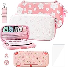 Pink-White Cherry Blossom Carrying Case for Nintendo Switch Lite, Potable Storage Case for Switch Accessories with Protective Case, Screen Protector, Adjustable Shoulder Strap and 2 Thumb Caps