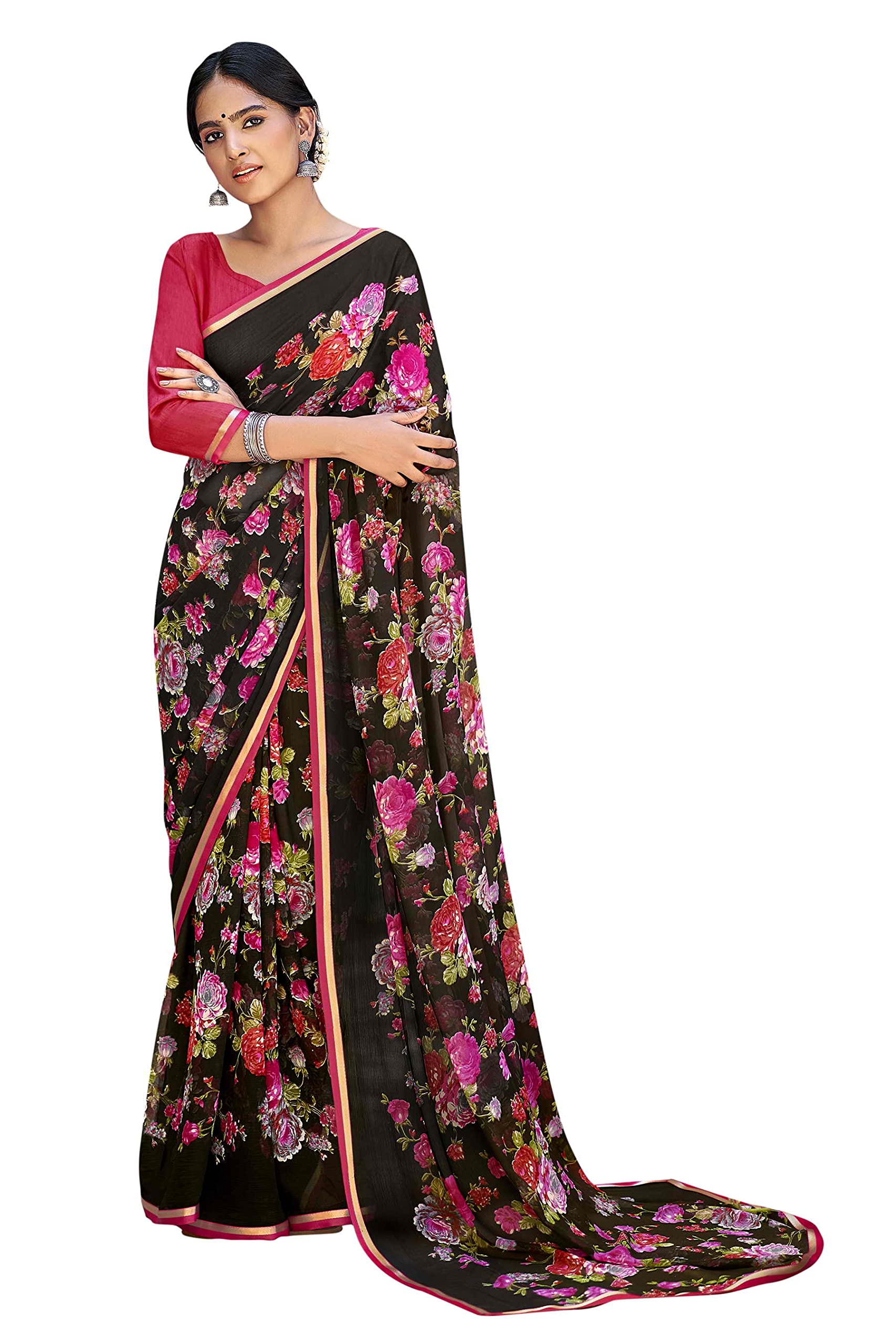 Women's Chiffon Silk Floral Printed Saree With Unstitched Blouse