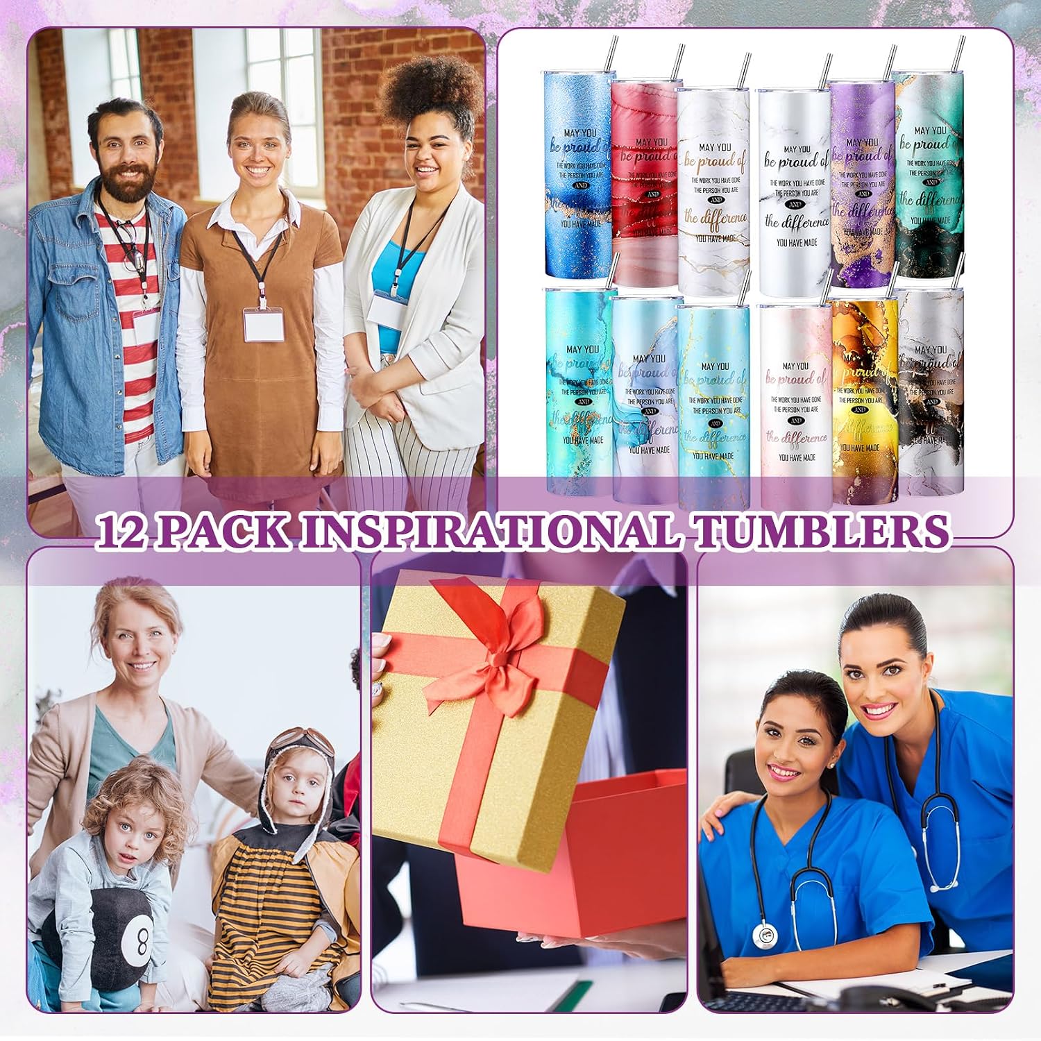 Uiifan 12 Pcs Employee Paraprofessional Appreciation Gifts 20 oz Housekeeping Appreciation Gifts Coworkers Inspirational Thank You Tumbler Marble Stainless Steel Mug with Straws(May You Be Proud)