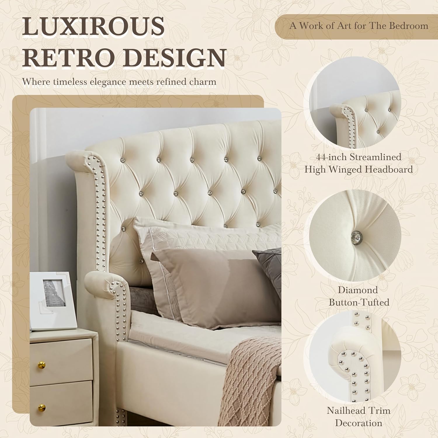 Christopher Knight Home Averil Modern King Size Platform Bed Frame with Velvet Upholstered Headboard, Wooden King Size Bed Frame with Wingback Headboard, No Box Spring Needed, Easy Assembly, Cream