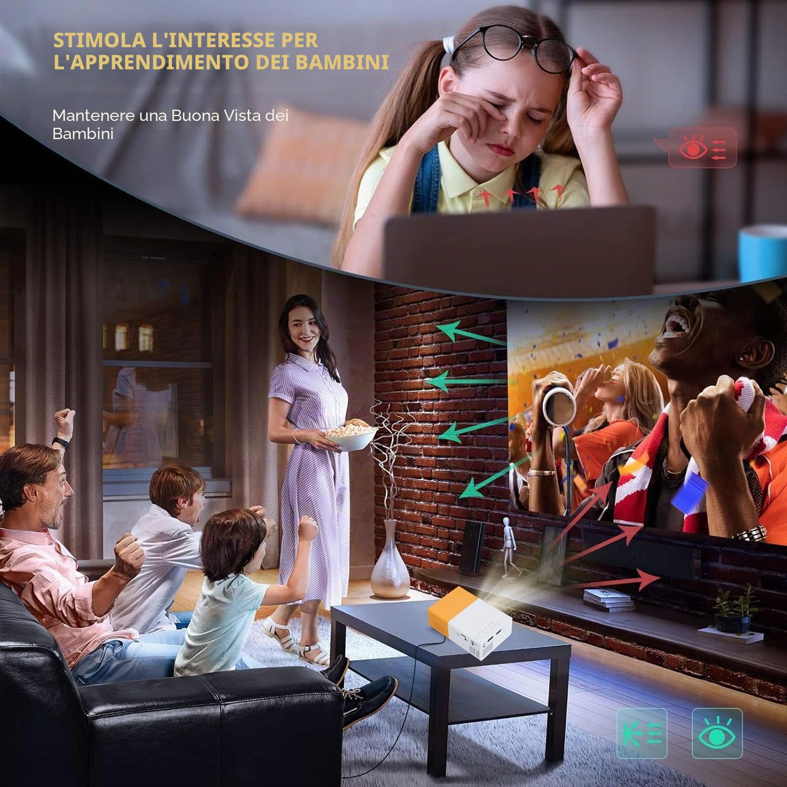 Mini Proiettore LED, Videoproiettore Home Theater Intelligente WiFi Full HD 1080P con Porte Multiple, Proiettore di Film Portatile da Viaggio per Esterni per PC Tablet (Spina