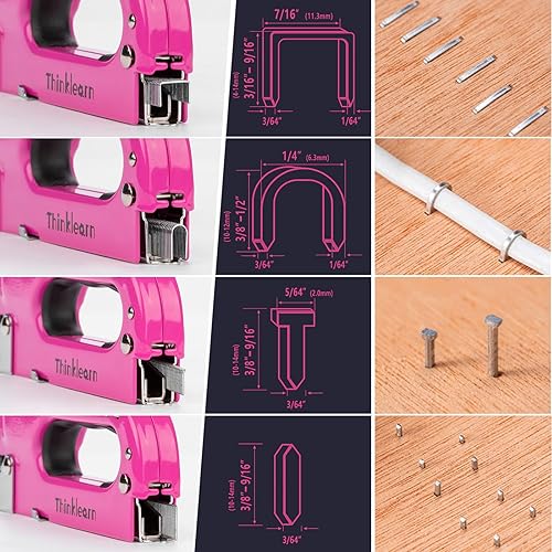 Miniatura 5 de Juego de 37 herramientas de grapas, 4 en 1, pistola de grapas de tapicería rosa con 800 grapas, pistola de grapas resistente para madera,