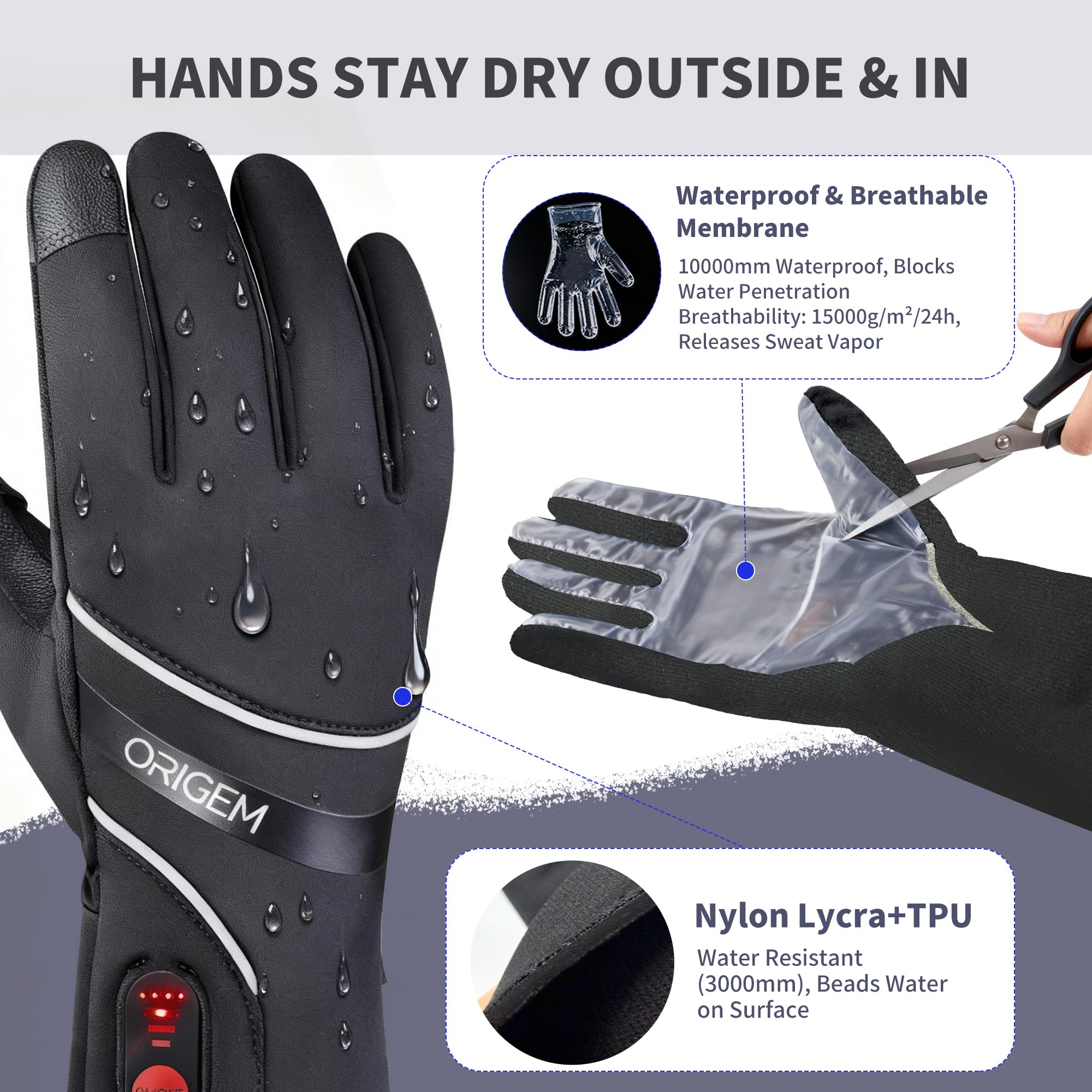 Origem Guantes Calentados Ultrafino 7.4V 6000mAh Batería Recargable Resistente al Agua Antideslizante Táctil Esquí Senderismo