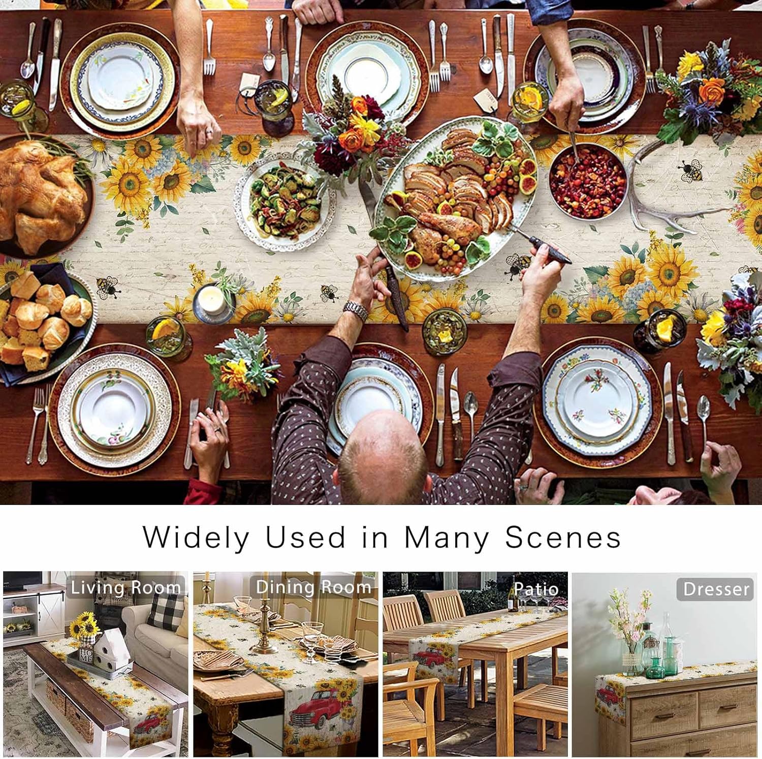 Red Truck Burlap Table Runner - 72 Inch Sunflower Pattern for Parties & Weddings, Floral Dining Room Decor