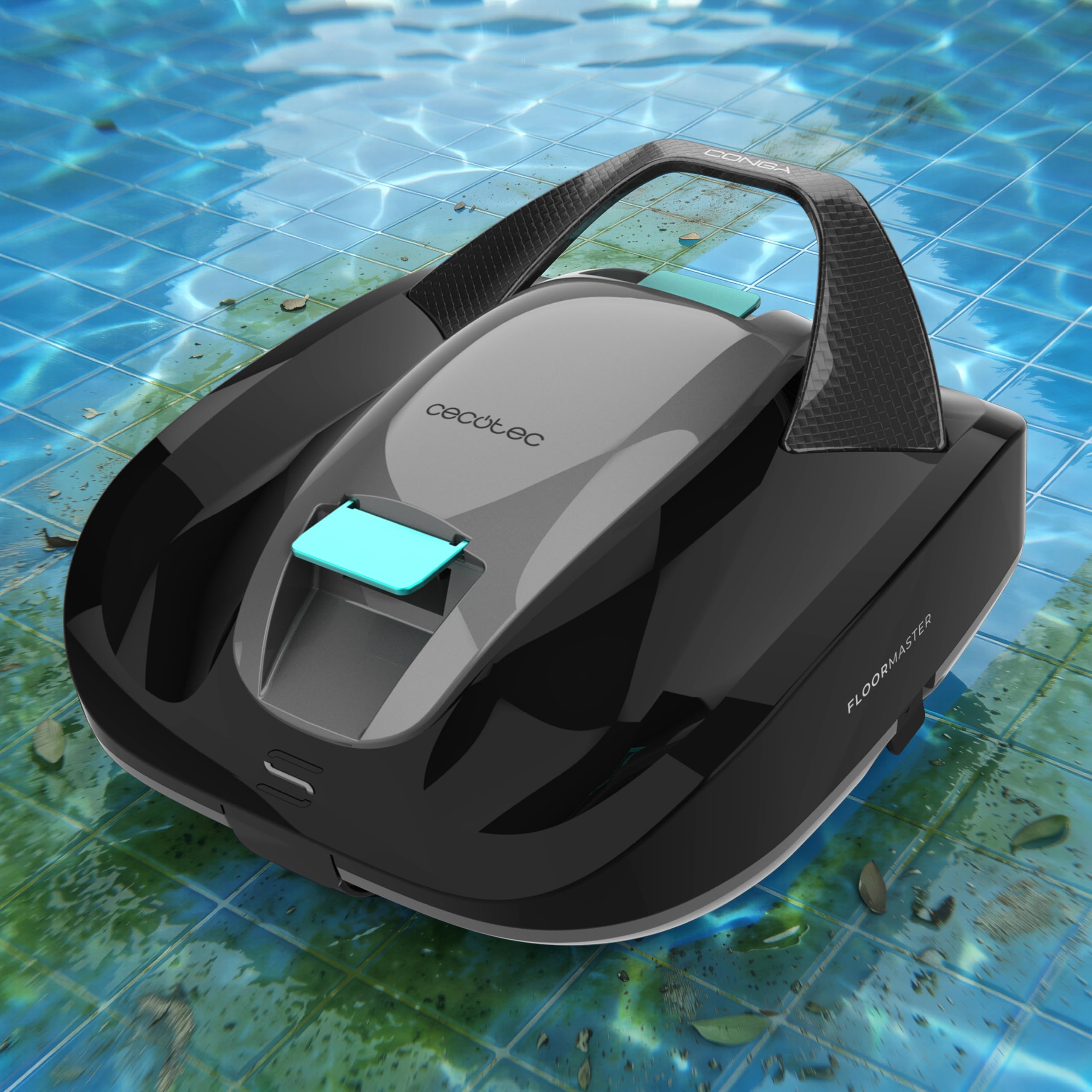 Cecotec Robot Limpiafondos sin Cable para Piscinas sin Pendientes Conga Pooldroid 2000 FloorMaster M. Superficies 80m2, Profundidad Máxima 2,5m, Autonomía 100mins, Filtro Alta Eficiencia 100μm, 2,5L