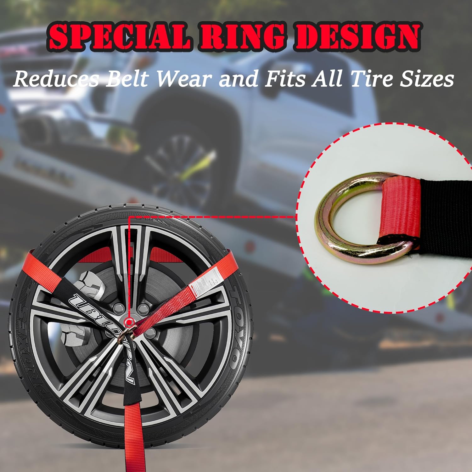 4 Pack Car Tie Down Straps for Trailers - 2" x 96" - 3,300 lbs Safe Working Load -Adjustable Wheel Straps for Hauling Cars.