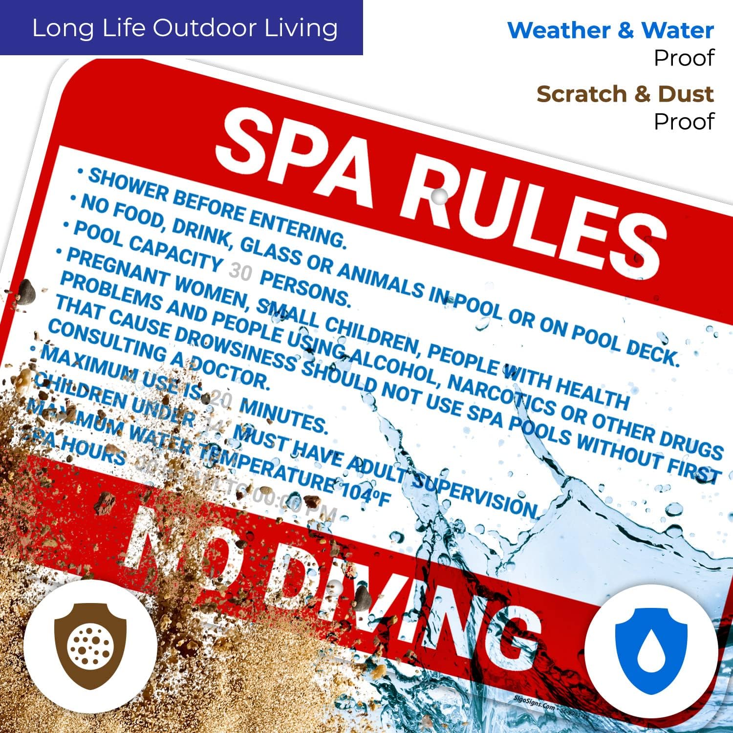 Custom Spa Rules Sign, 12x18 Inches, Rust Free .063 Aluminum, Fade Resistant, Made in USA
