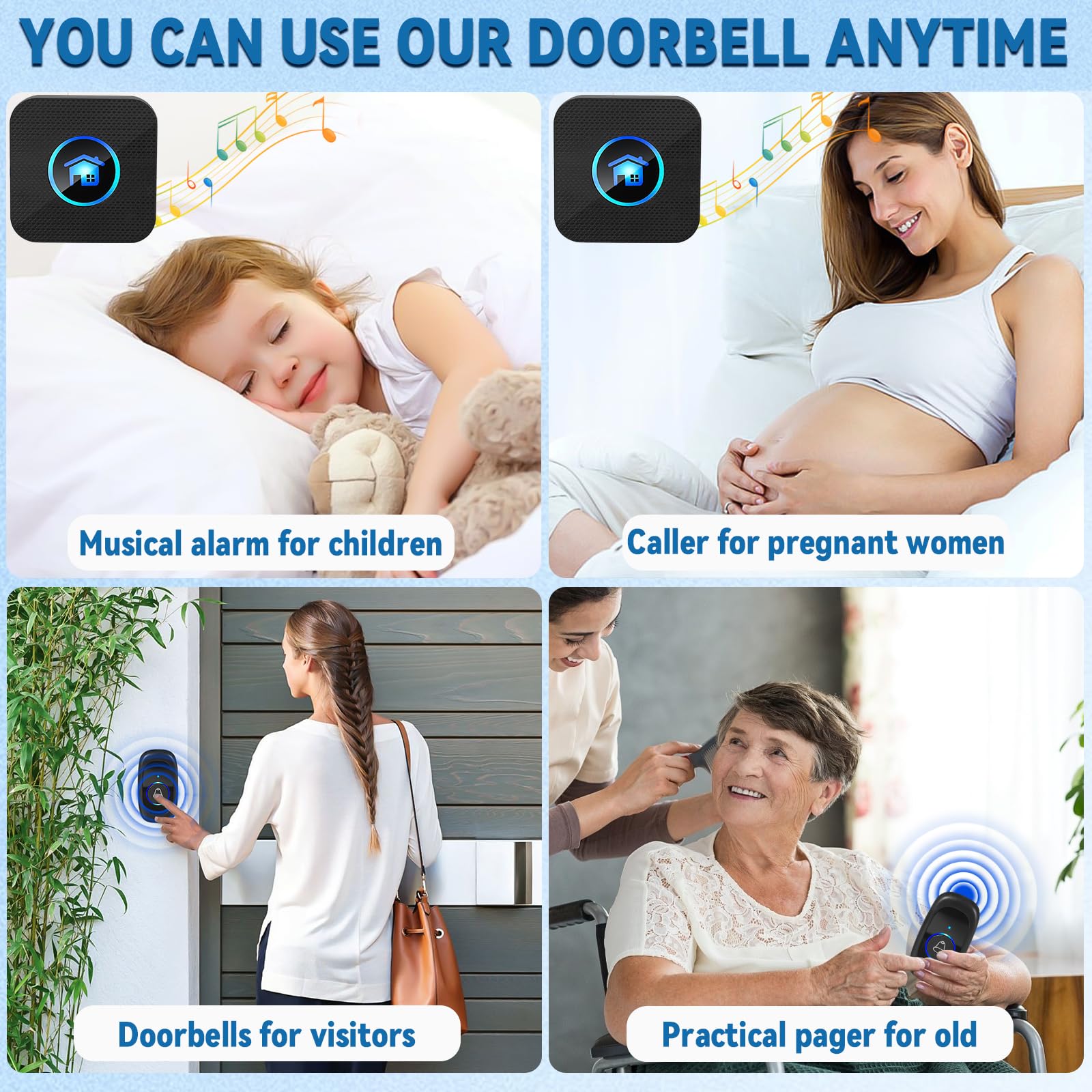 Wireless Doorbell, Bell Butt, IP65 Wodoodporne drzwi z 2 odbiornikami wtycznymi, regulowaną głośnością, 5 poziomów głośności, 55 melodii, zakresu 400 m, czarny