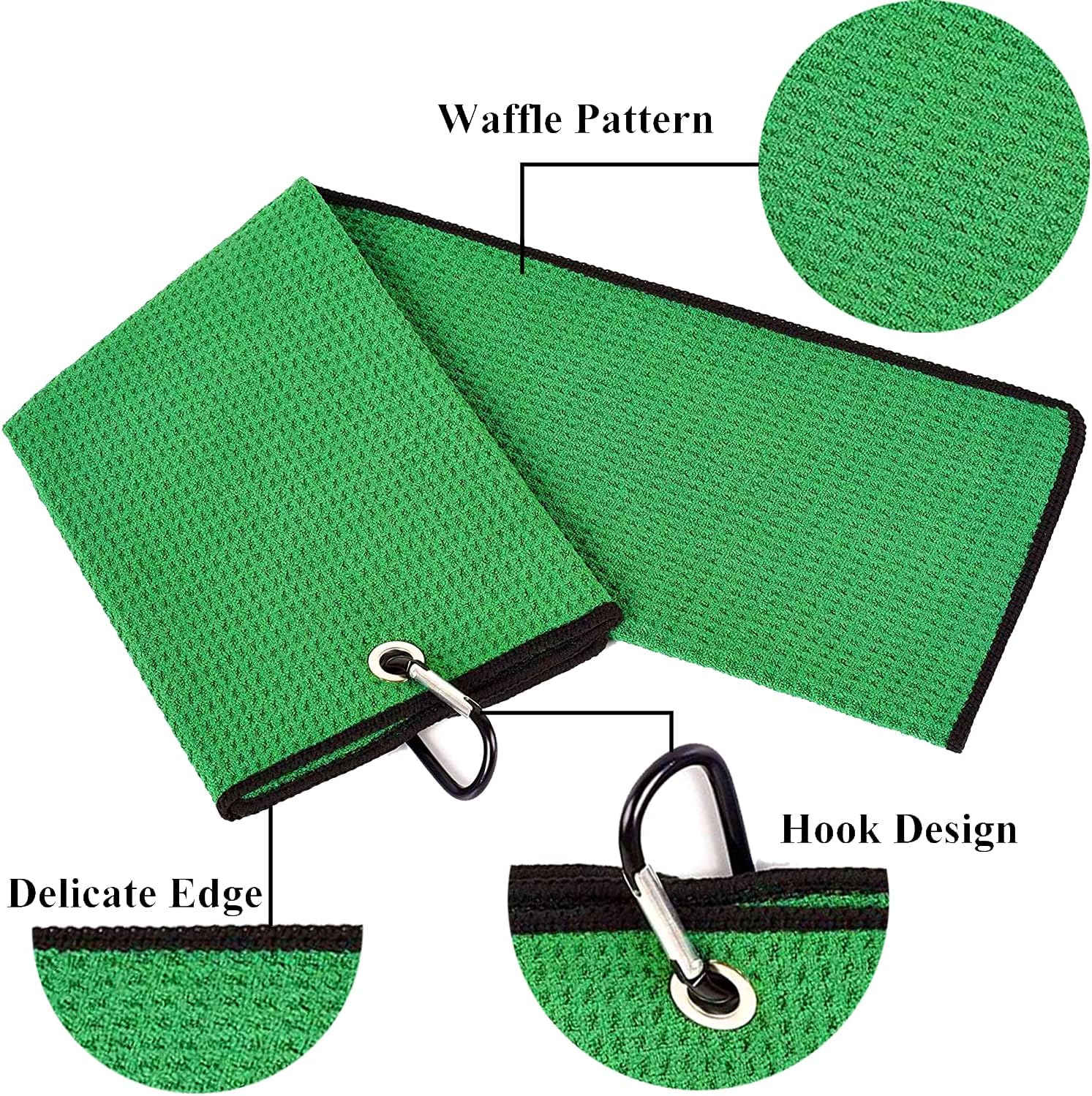VIVIDLY 2 Pack Tri-fold Golf Towels, Premium Microfiber Fabric Waffle Pattern with Black Heavy Duty Carabiner Clip, Green Golf Towels for Golf Bags for Men (Green) - Image 3