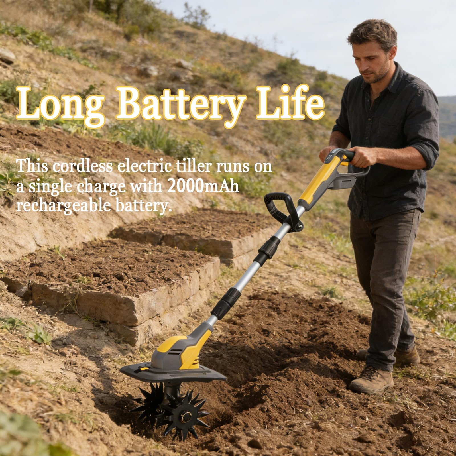 Cultivador De Jardín Eléctrico, Cultivador De Tierra Inalámbrico De 2000 mAh con Profundidad De Labranza De 17,8 cm Y Ancho De Labranza De 22,8 cm, Rotavator Portátil para Aflojar La Tierra 1battery