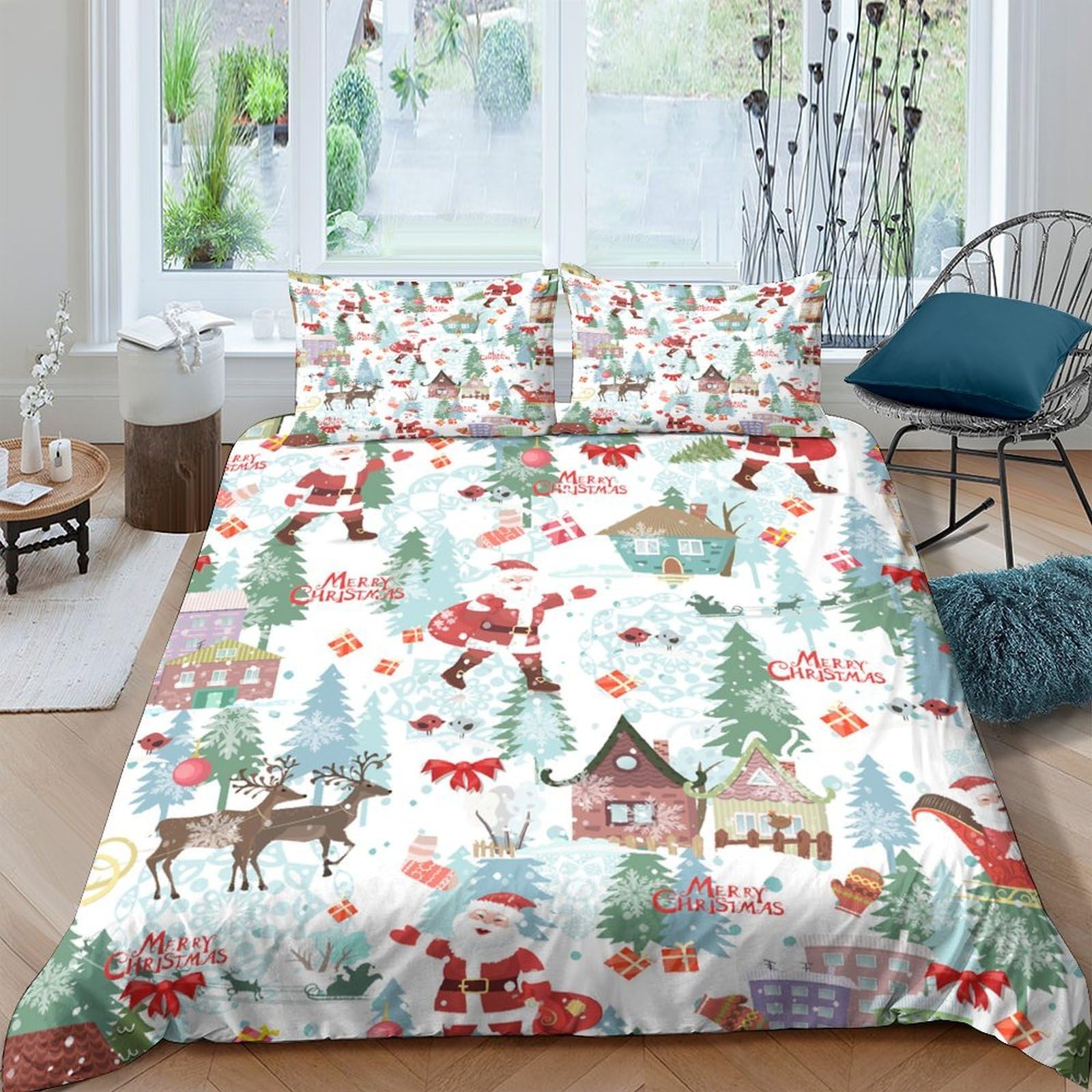 Ctjqhvkz Style-8 3D Printed Christmas Village Fitted Sheet Microfiber Soft Breathable Reindeer Forest Mattress Cover For Bedroom Decor Single（135X200cm）