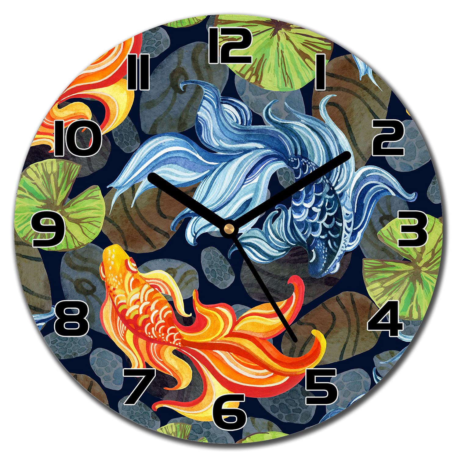 Horloge murale en verre lisible et sécurisée motif poissons 30cm