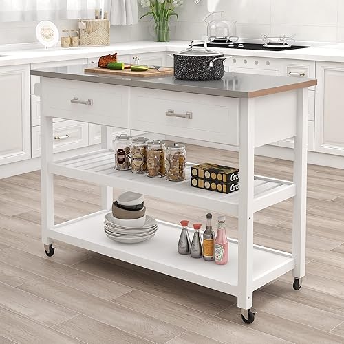 RASOO Carrito de isla de cocina, carrito de cocina blanco con ruedas con estantes abiertos de almacenamiento con un cajón grande, mesa de madera y
