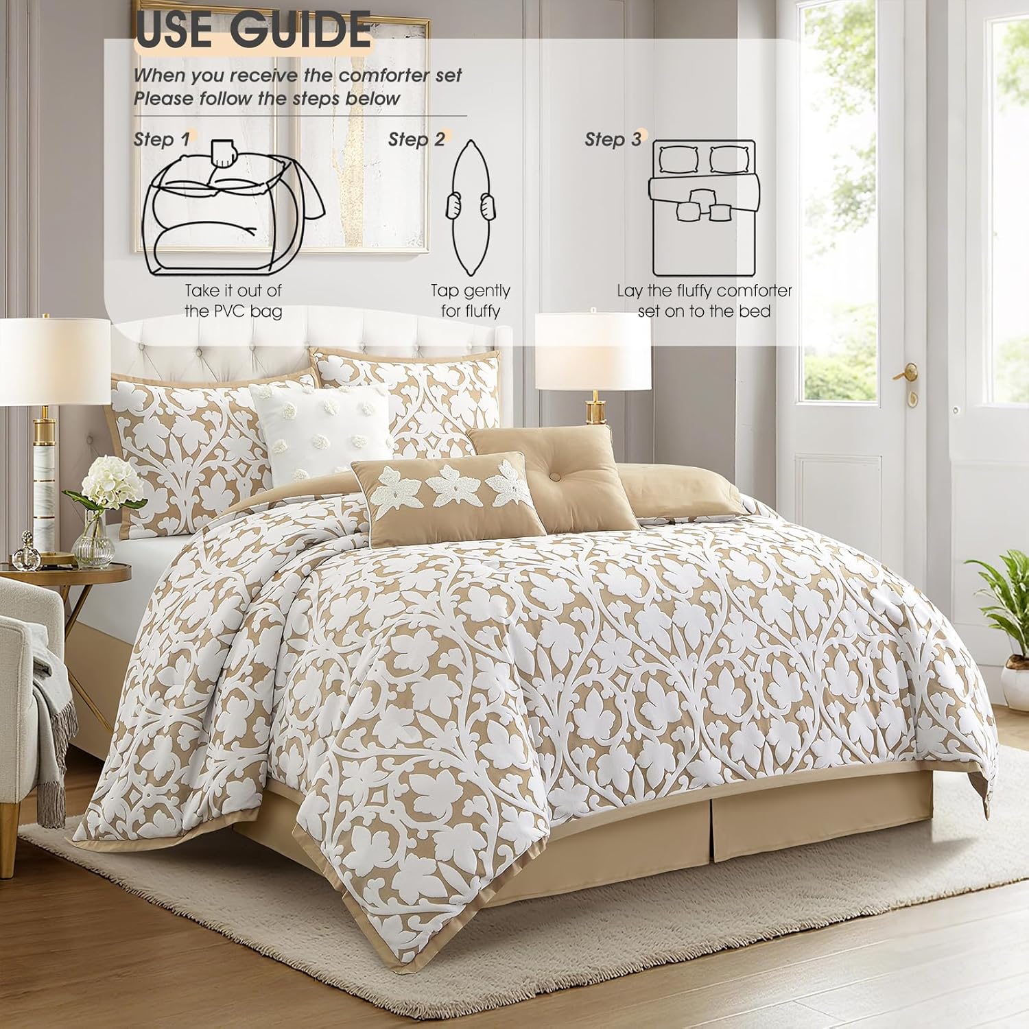 7 Pieces Comforter Set, Queen, Khaki, Jacquard Floral Pattern and Classy Damask Medallion Design, Ultra Soft, Includes Bed Skirt, Shams, and Decorative Pillows - Image 6
