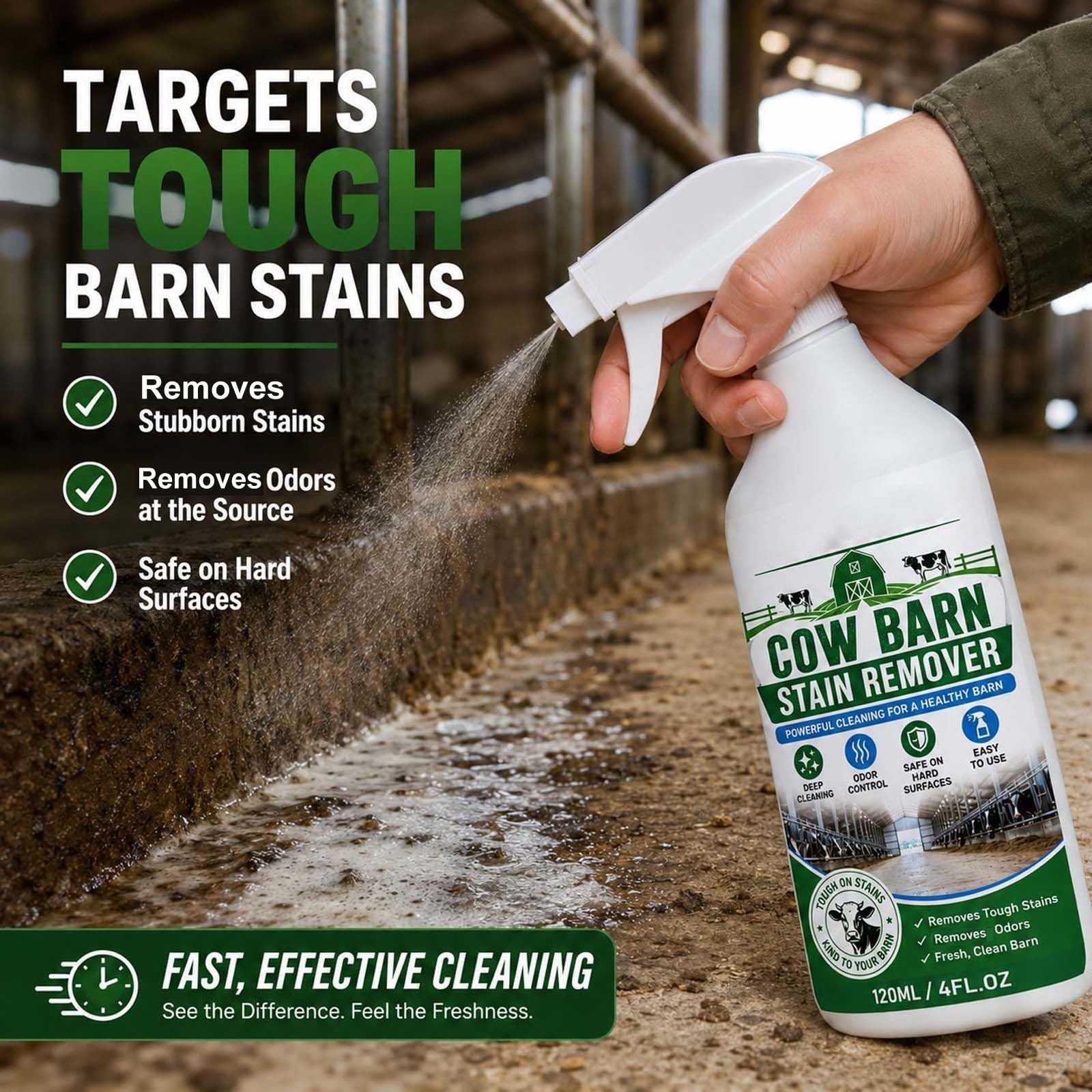 Starkes Cow Barn Stain Remover Spray, professionelles Multi-Surface Reinigungsspray, Cow Barn Fleckentferner mit Handtuch entfernt hartnäckige Mistgeruch und erfrischt den Duftreiniger (5pcs)