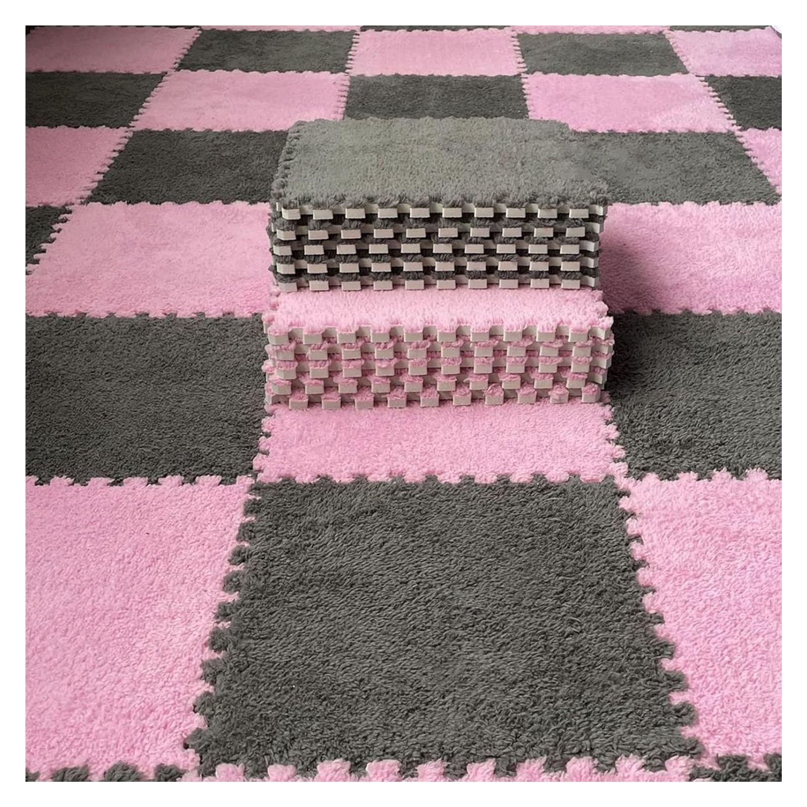 12 szt. Mata do zabawy z płytek dywanowych pluszowej pianki w kwadraty obramowaniem, układanki puszystych(Pink+dark Gray)
