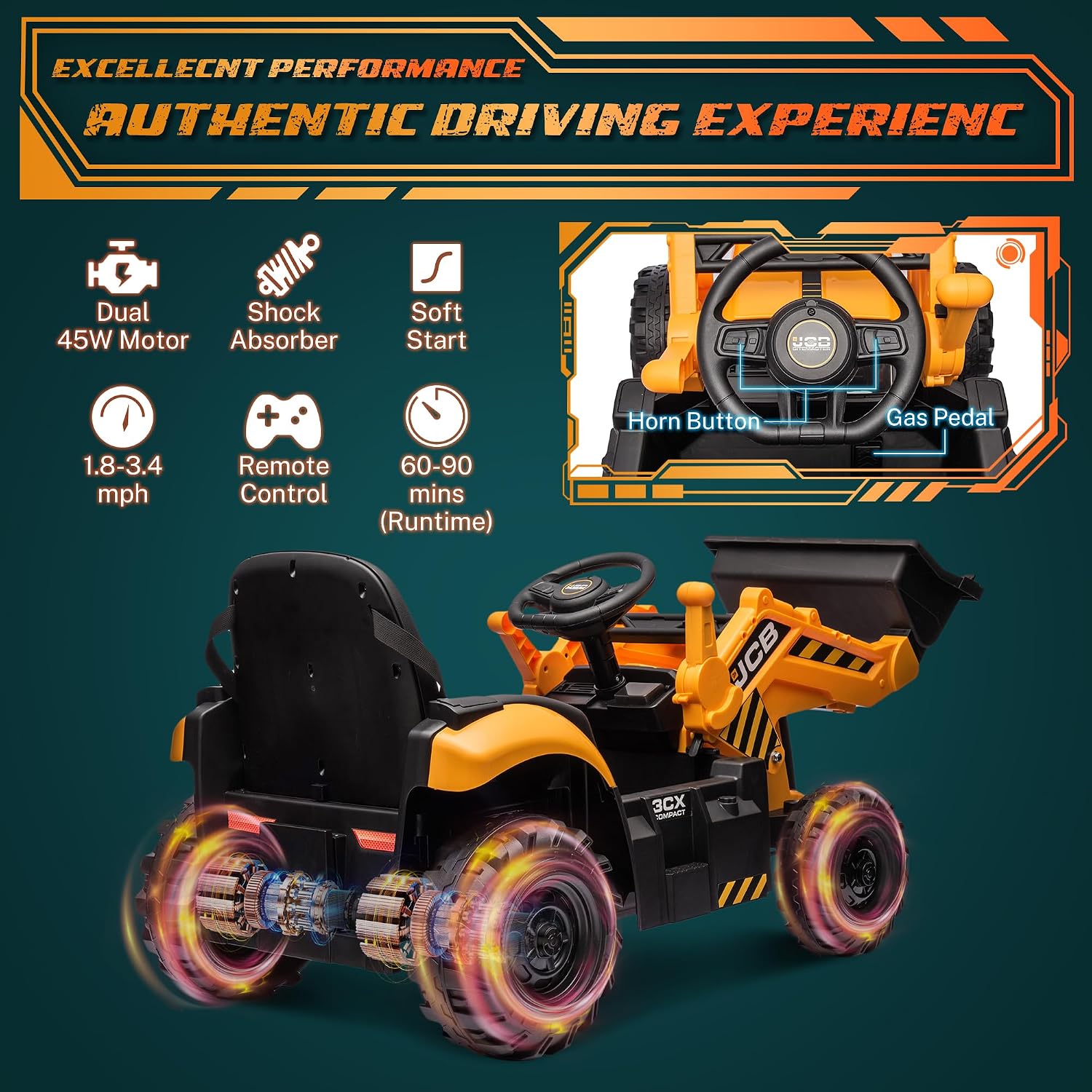 ENYOPRO 24V JCB Electric Backhoe Loader Toy Car for Kids, Battery Powered Ride on Excavator & Wheel Loader Construction Vehicle Toys w/Remote Control, Bluetooth, Moving Parts, Adjustable Seat, 3 Speed