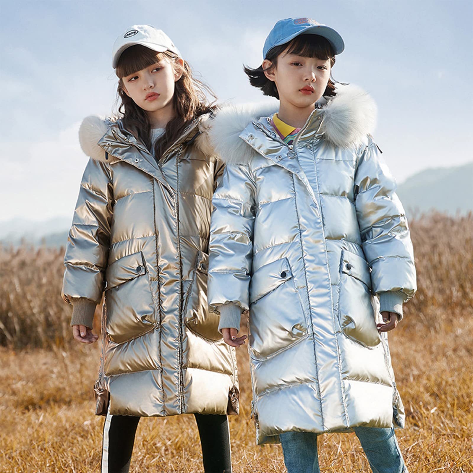 Piumino da Ragazza di Media Lunghezza Piumino Ispessito e Caldo per Bambini 90 Piumino D'Anatra Bianco Colorato Abbigliamento Invernale Luminoso Carino e Dolce,Silver,7T(130CM)