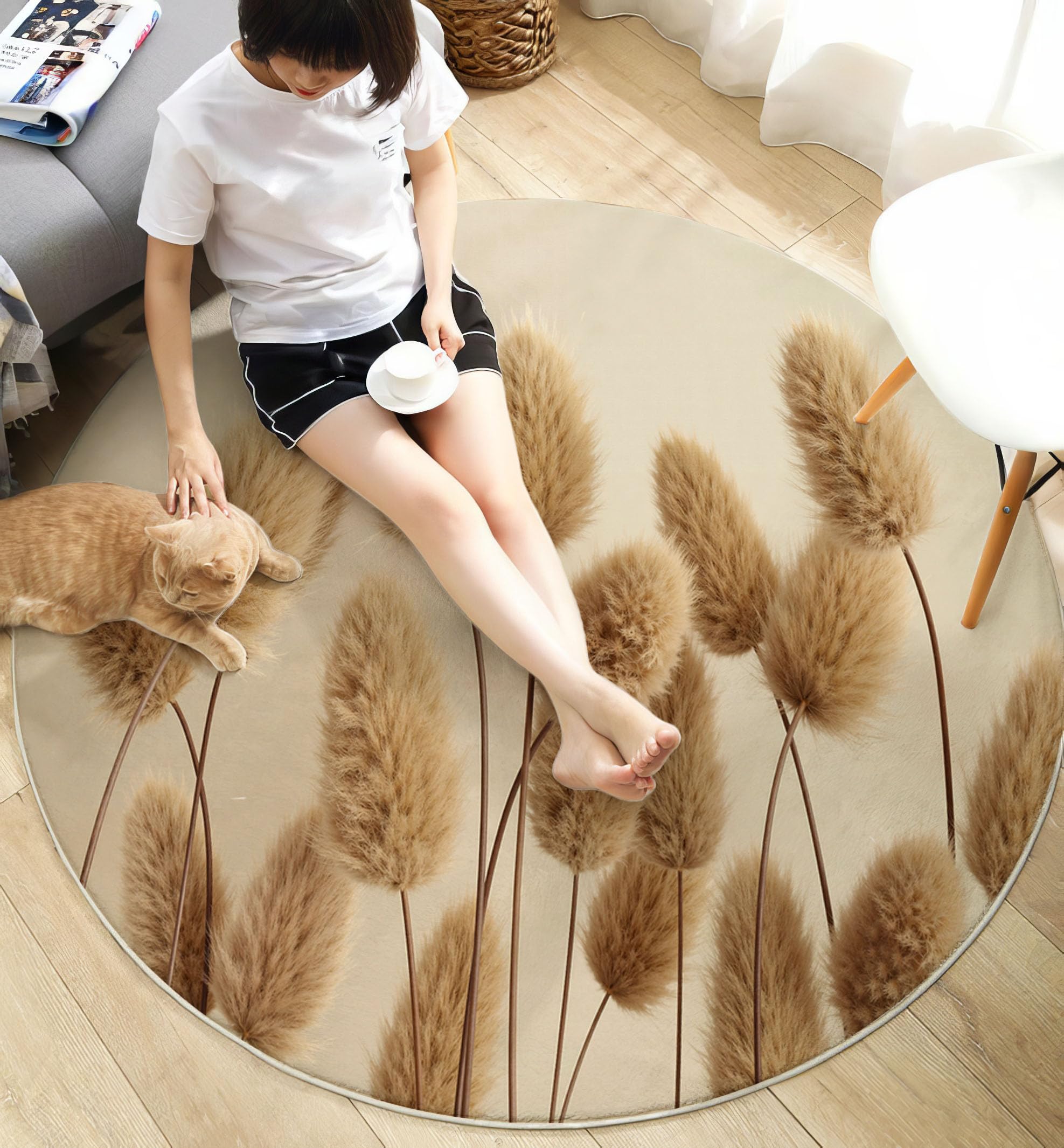 Alfombra Redonda Hierba Cola Conejo Esponjosa, 100cm Alfombras de Pelo Corto Suave Sencillez Natural Tapetes Antideslizante y Lavables para Sala de Estar, Dormitorio y Habitación Infantil, Beige
