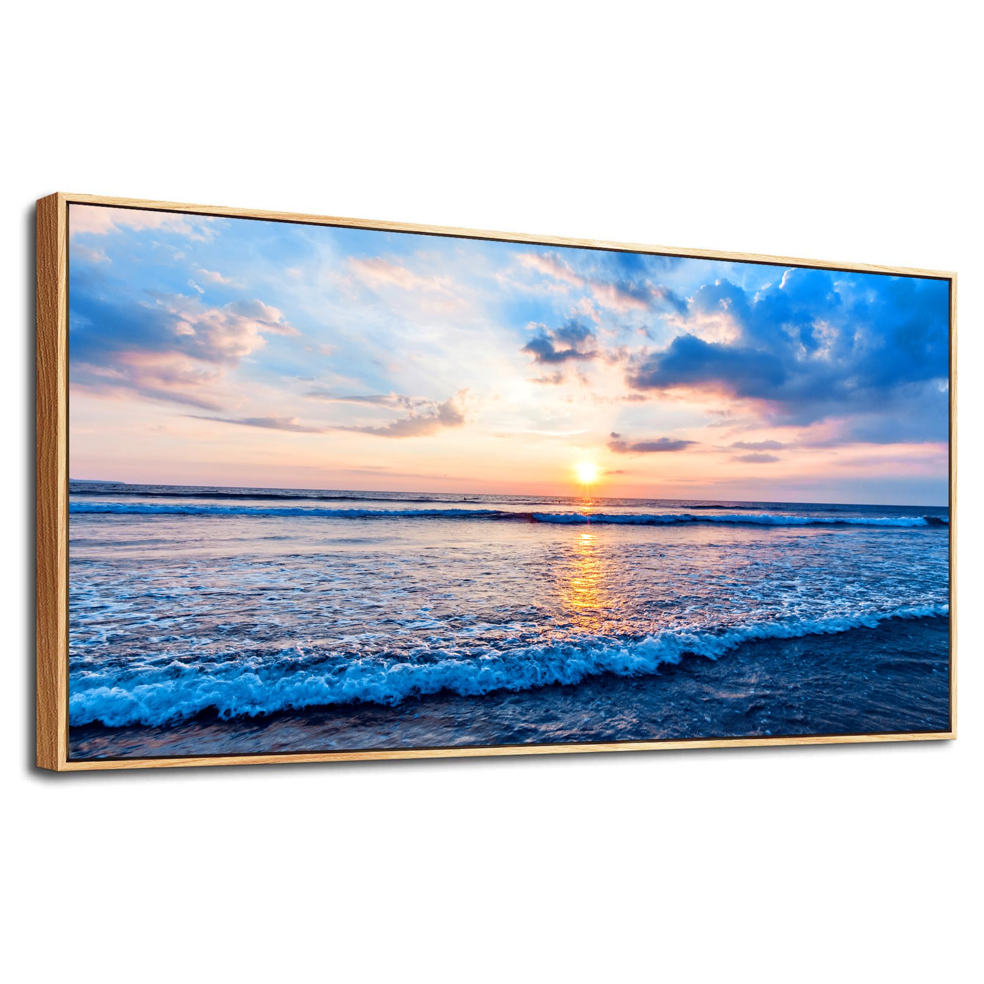 Large Wood Framed Wall Art For Living Room Canvas Wall Decor For Office Blue Beach Painting Ocean Sea Waves Wall Pictures Ready To Hang Bedroom Home Decorations Prints Posters Mural Artwork